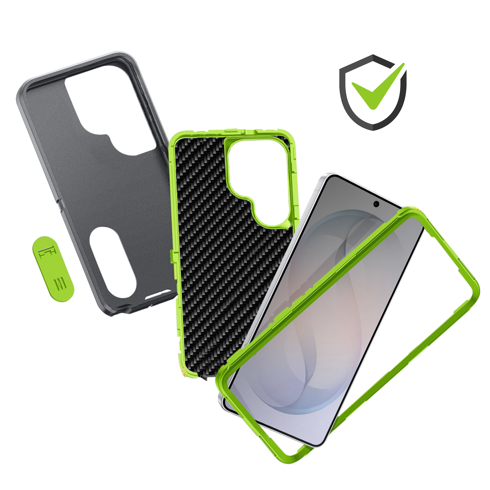 Composants d'étui de téléphone : cadre gris, dos carbone noir, bordure verte.
