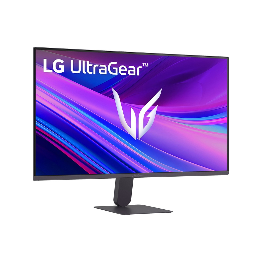 Soyut mor ve mavi arka plan gösteren bir LG UltraGear monitör.