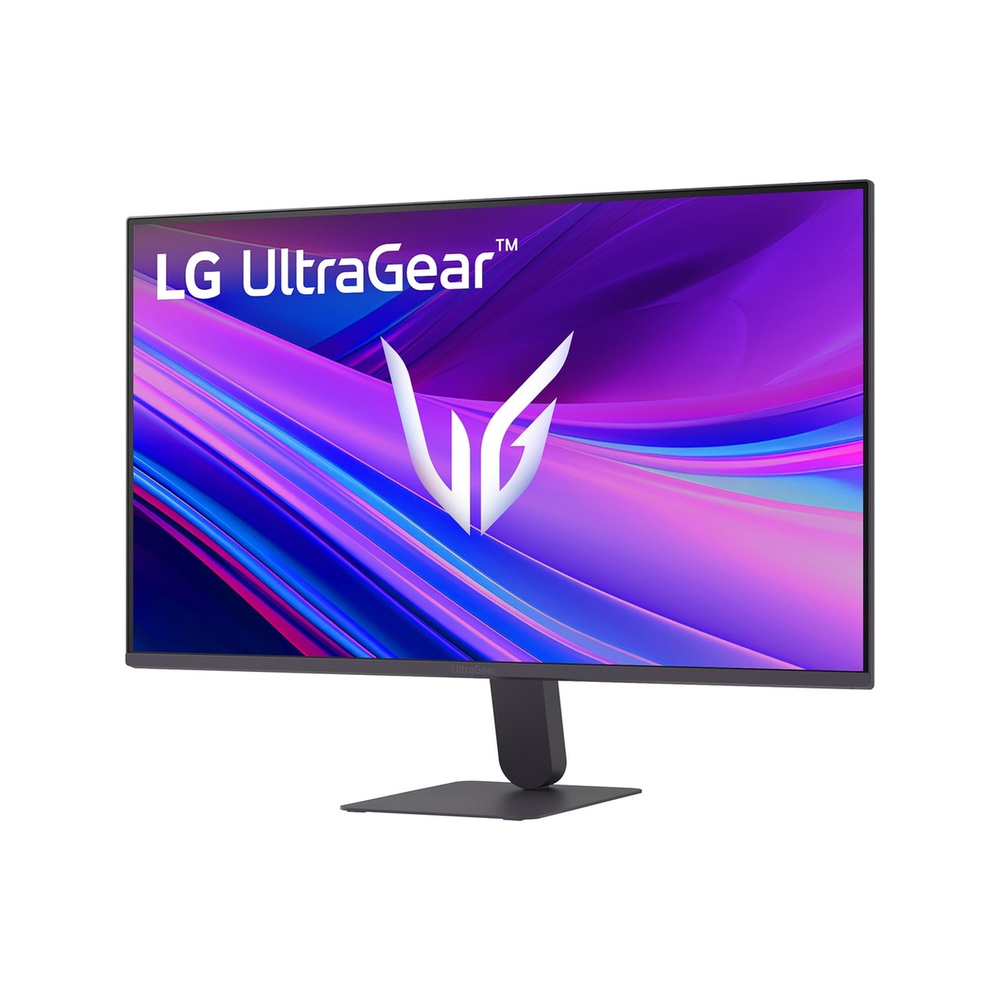 Mor ve mavi soyut arka plana sahip LG UltraGear monitör.