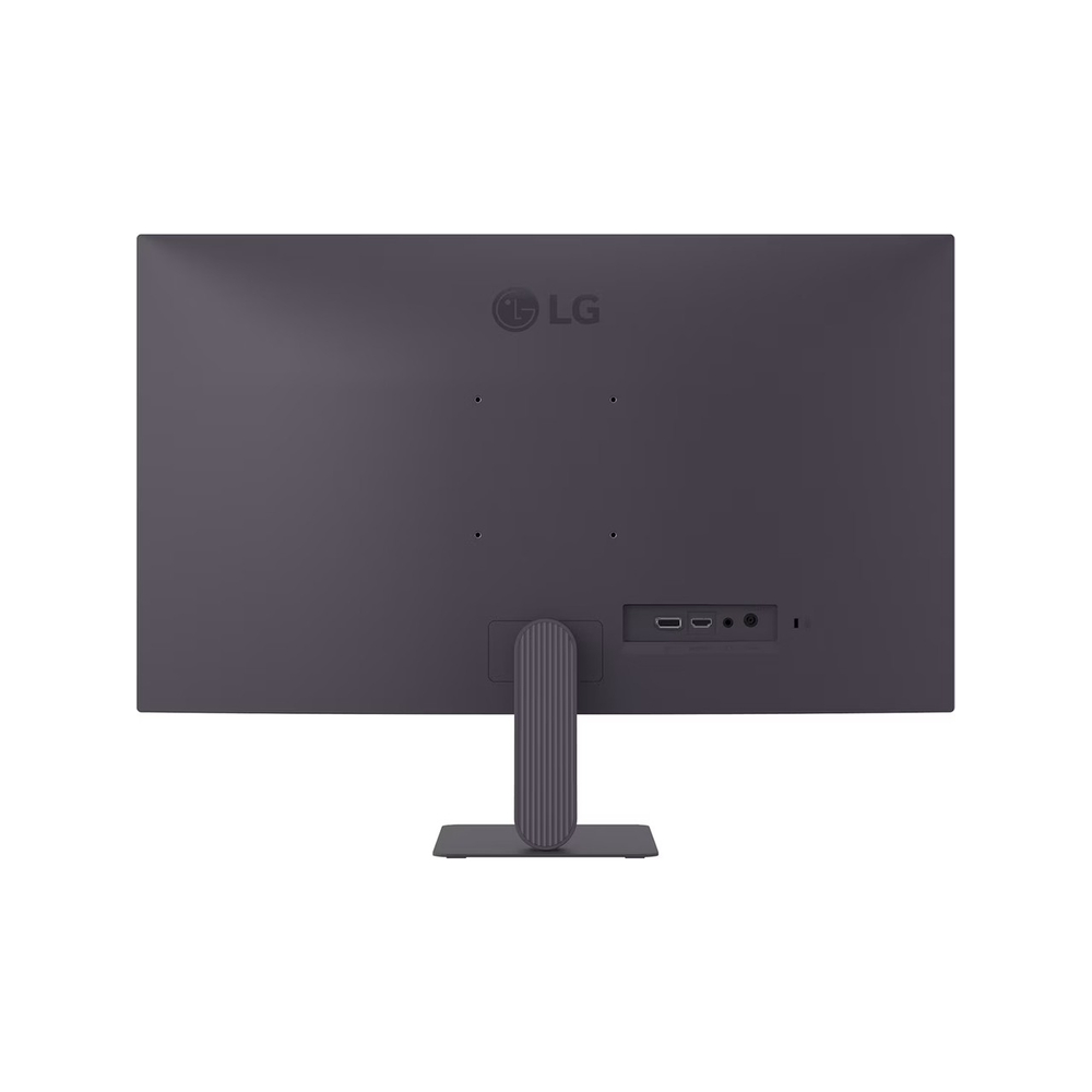 Gri LG monitörün arkası, bağlantı noktaları ve standı.