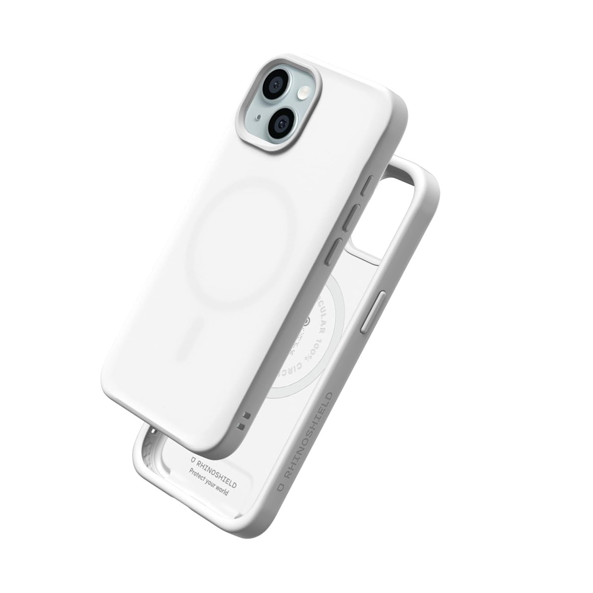 Witte iPhone hoes met camera-uitsparing en magneetring aan de achterkant.