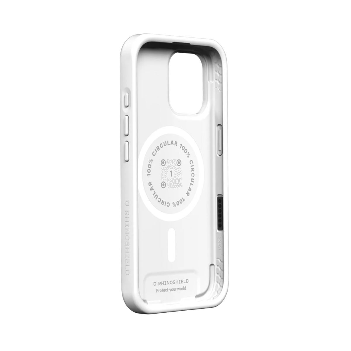 Wit telefoonhoesje met cirkelvormige opdruk en QR-code.