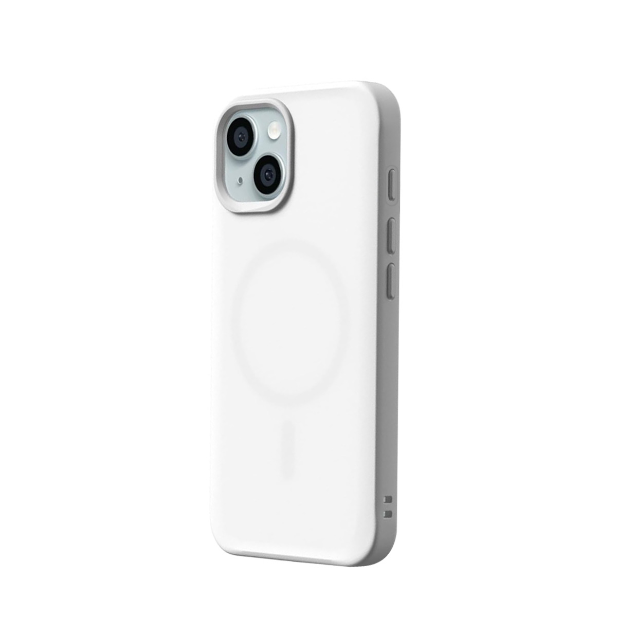 Een witte telefoonhoes met twee camera's en een cirkel op de achterkant.
