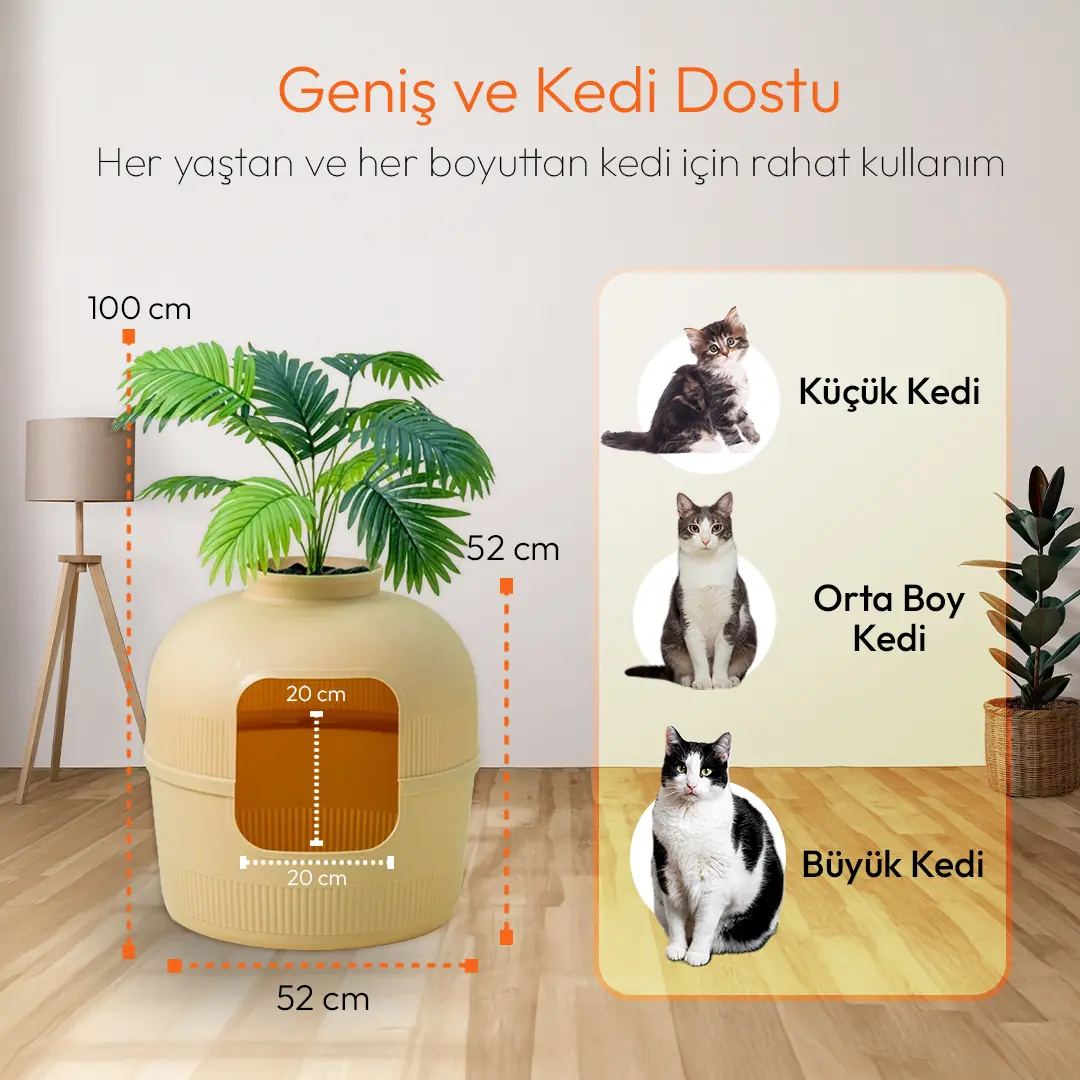Üstünde bitki olan bej renkli kedi tuvalet kabı. Boyutlar gösteriliyor.