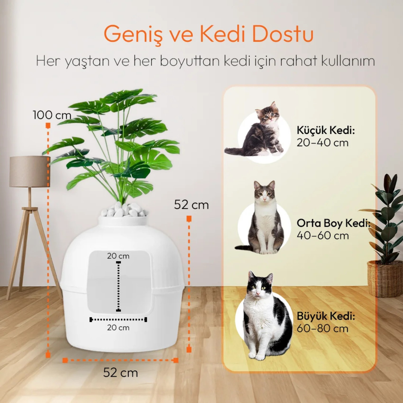 Bitkili ve farklı boyutlarda kedilerin olduğu beyaz kedi tuvalet kabı.