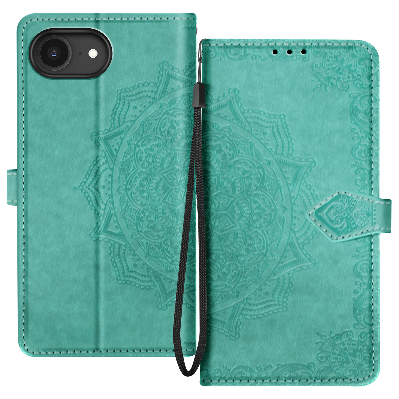 Étui portefeuille turquoise avec mandala en relief et cordon.