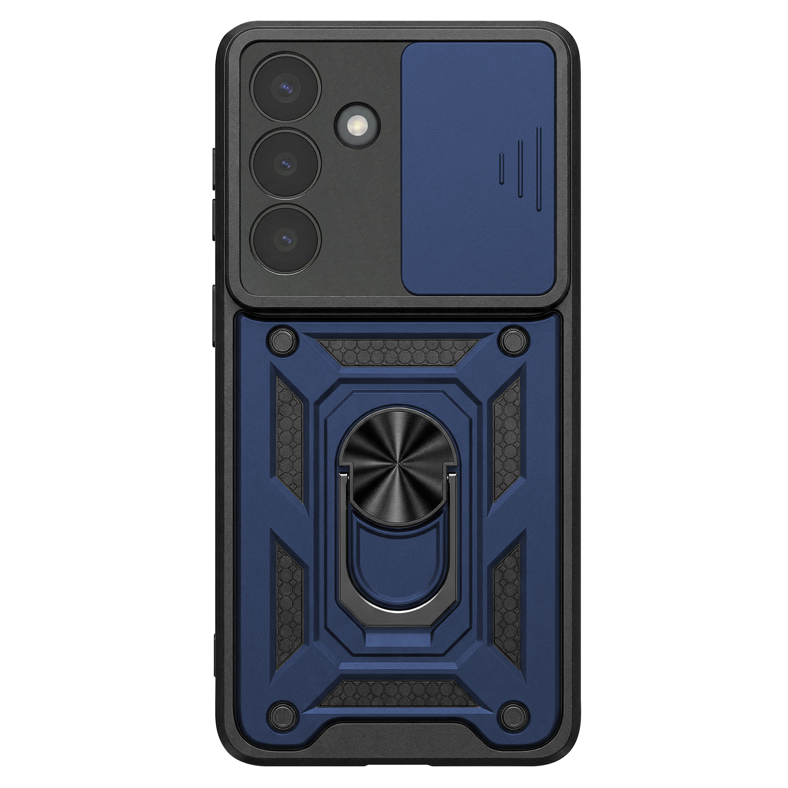 Coque de téléphone bleu foncé avec trois caméras et un support à anneau métallique.