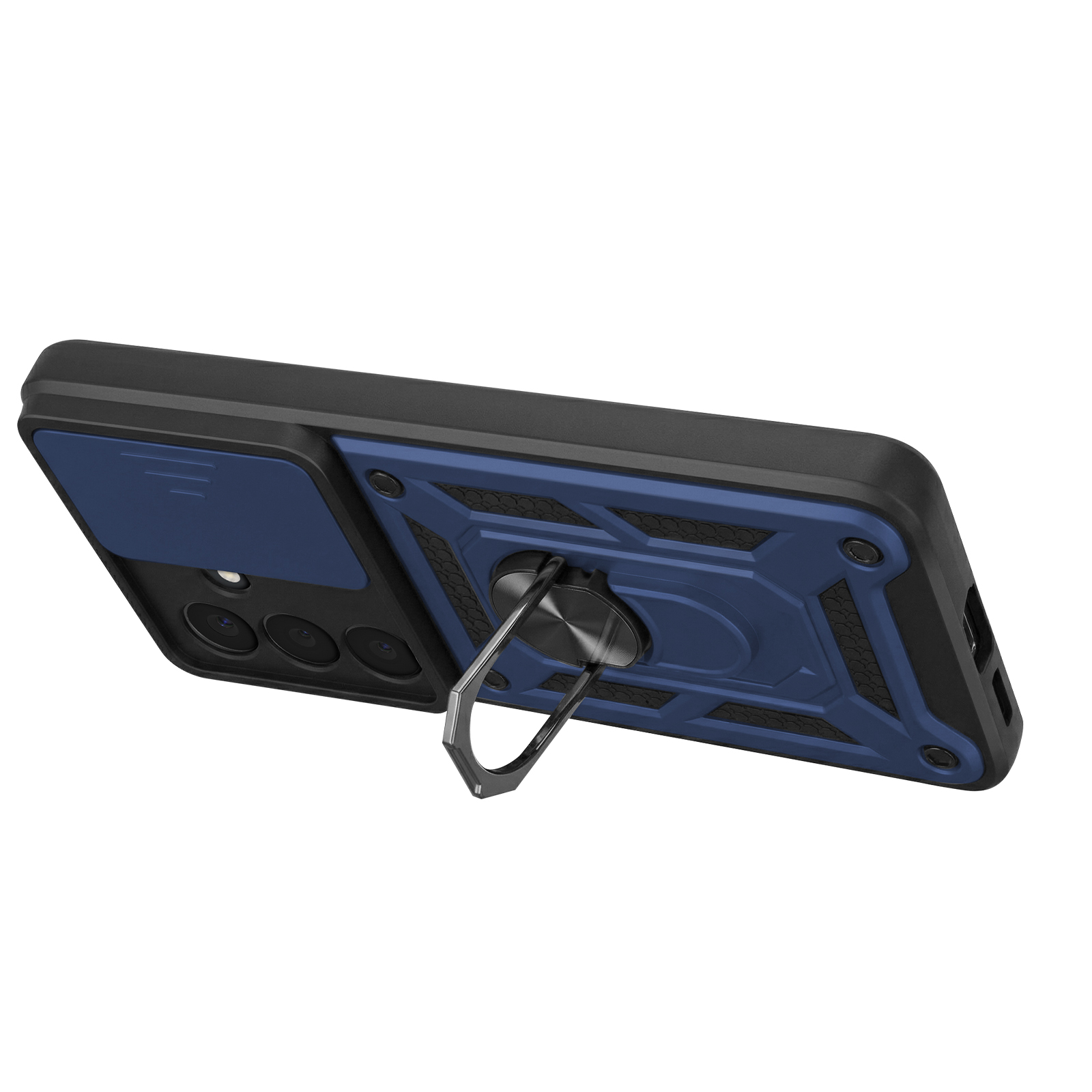 Coque noire avec insert bleu et support anneau. Découpe caméra visible.