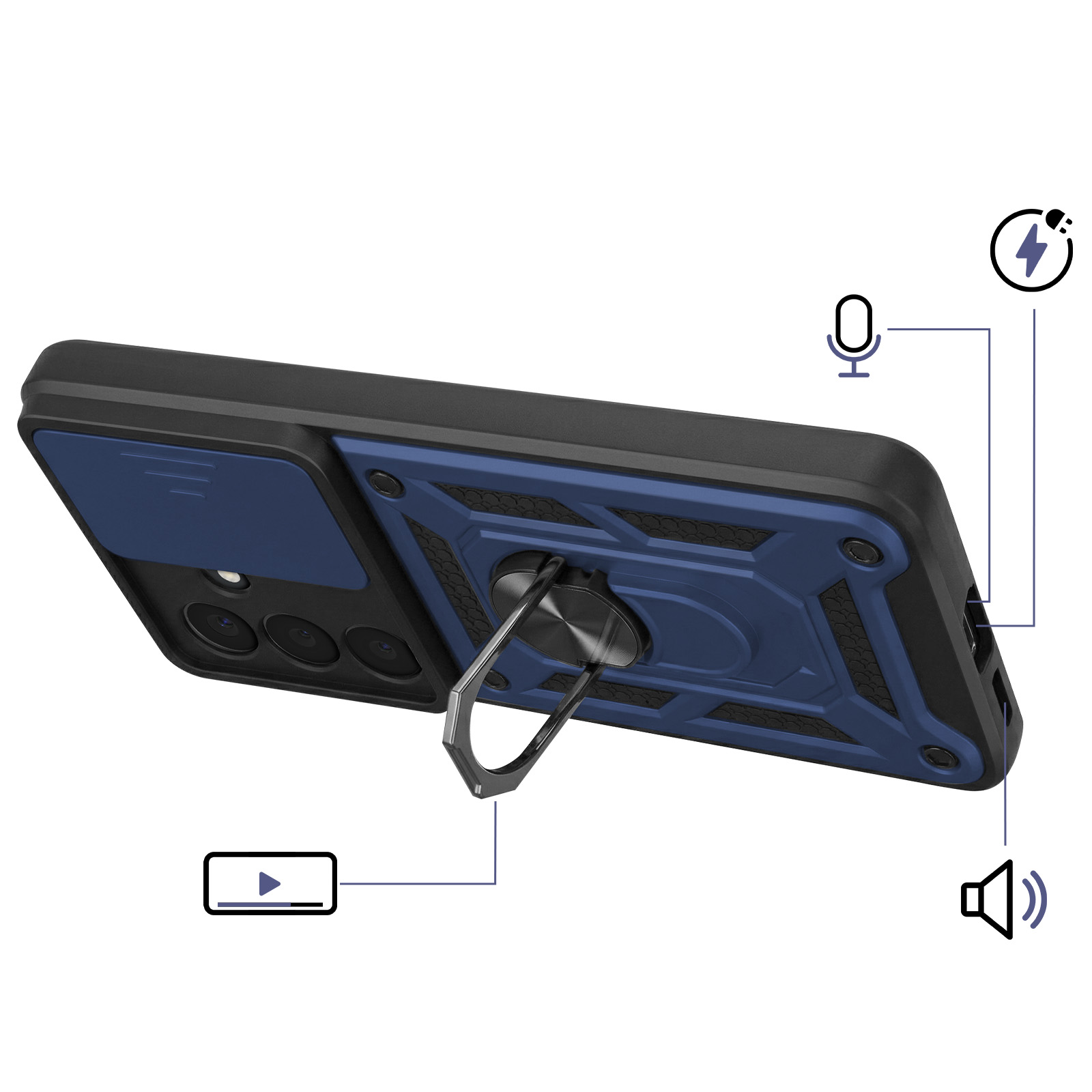Coque de téléphone bleue avec support annulaire, caméra et icônes son, micro et charge.