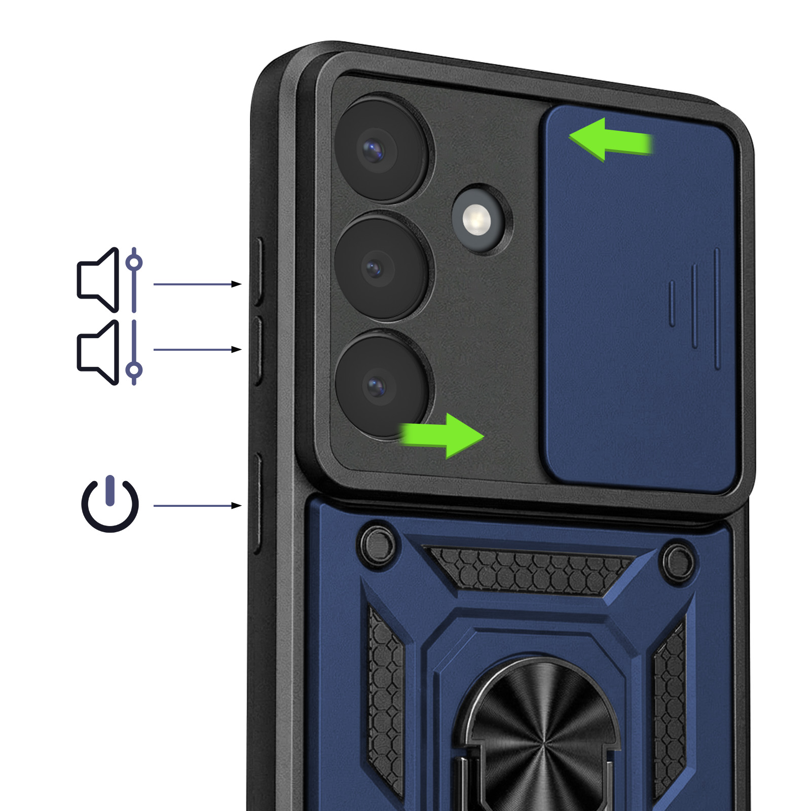 Coque de téléphone bleu foncé avec caméras, cache coulissant, support bague.