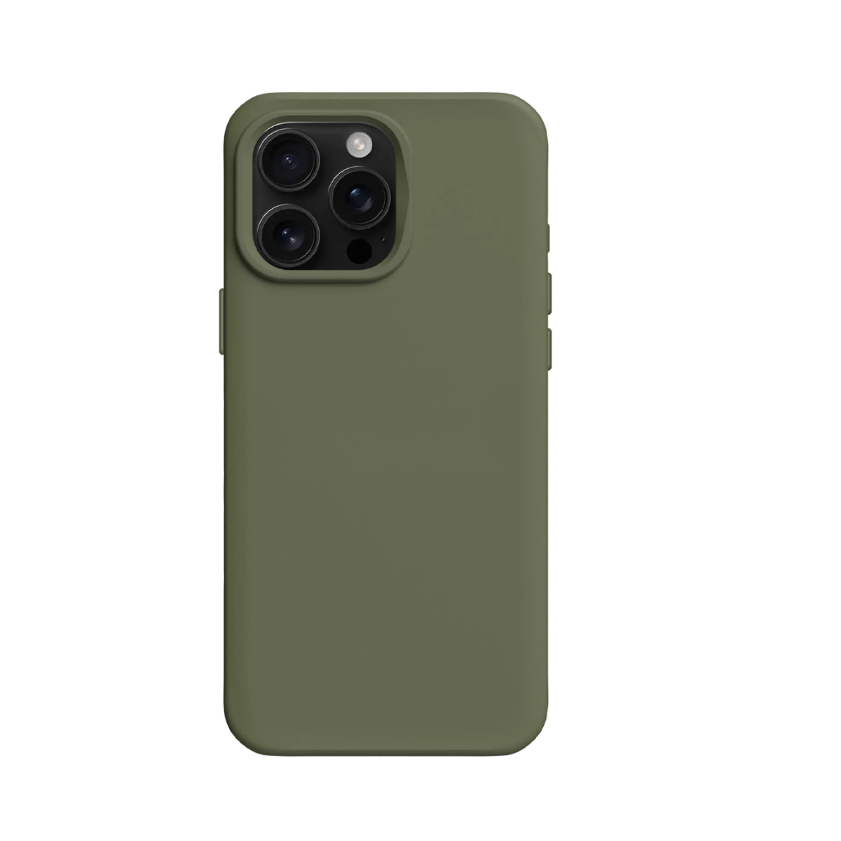 Een donkergroene telefoonhoes met een drievoudige camera-opstelling is te zien tegen een witte achtergrond.