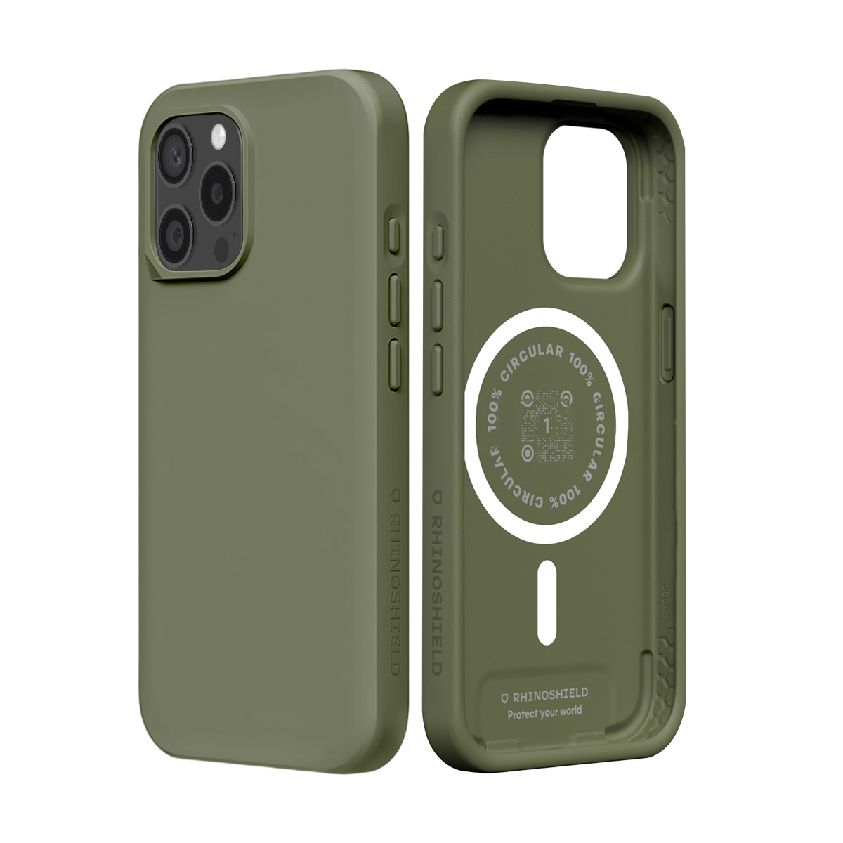 Twee groene telefoonhoesjes naast elkaar, één gesloten, één open. Binnenkant toont een cirkelvormig logo met tekst.
