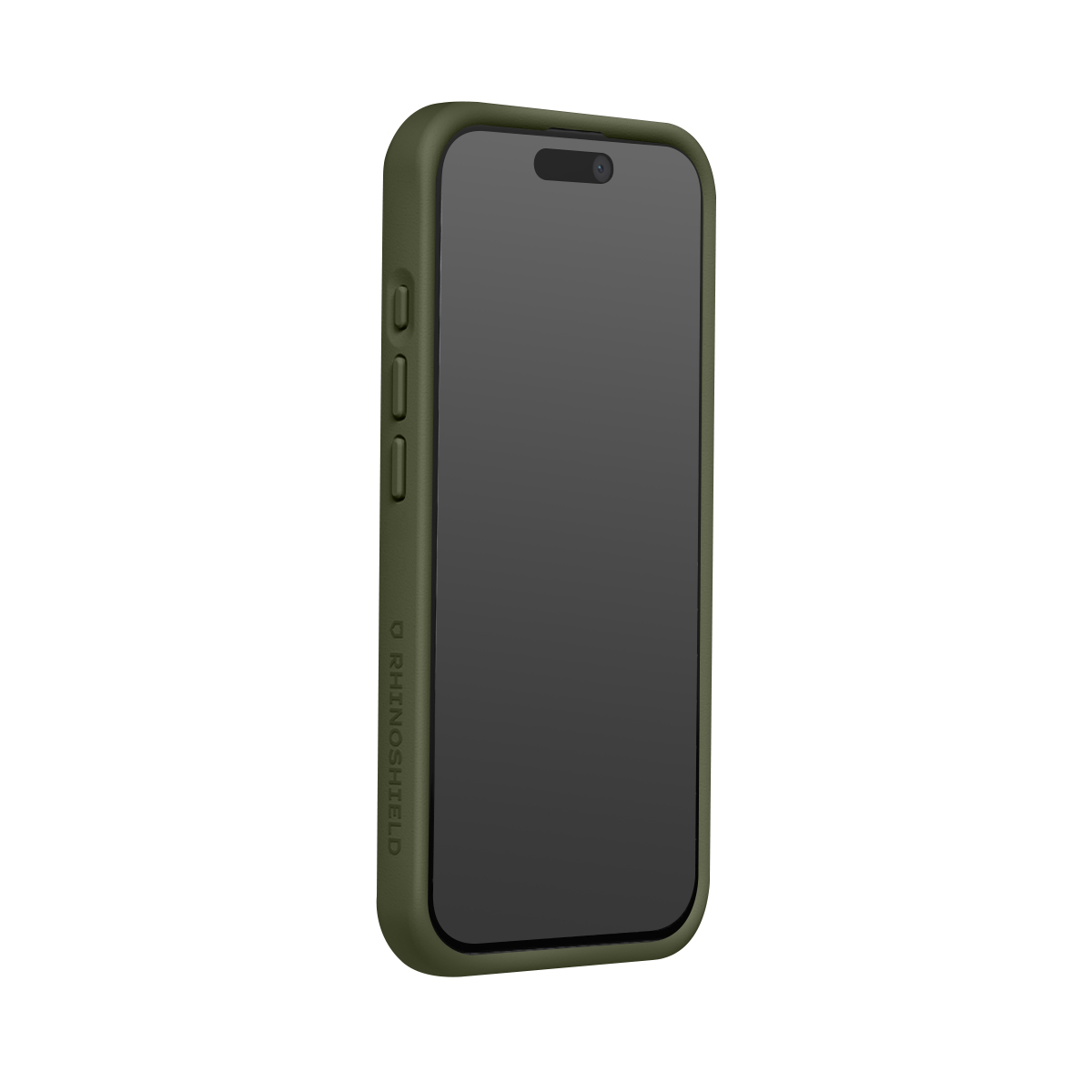 Een donkergroene telefoonhoes met knoppen aan de zijkant wordt getoond tegen een witte achtergrond.