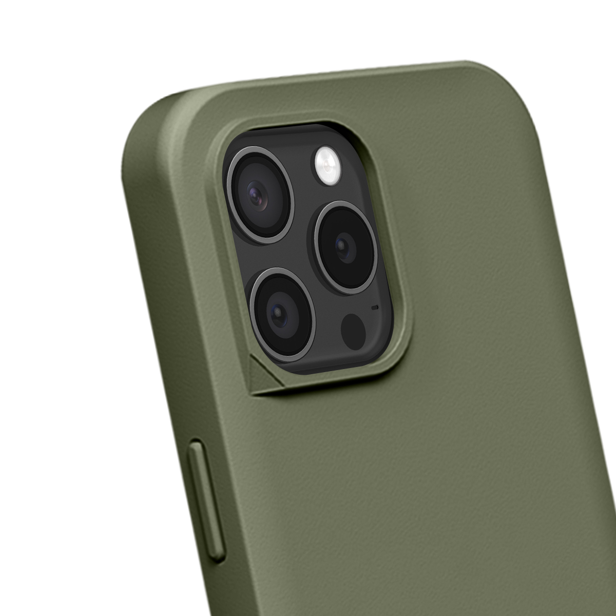 Close-up van een groene telefoonhoes met een drievoudige cameralens.
