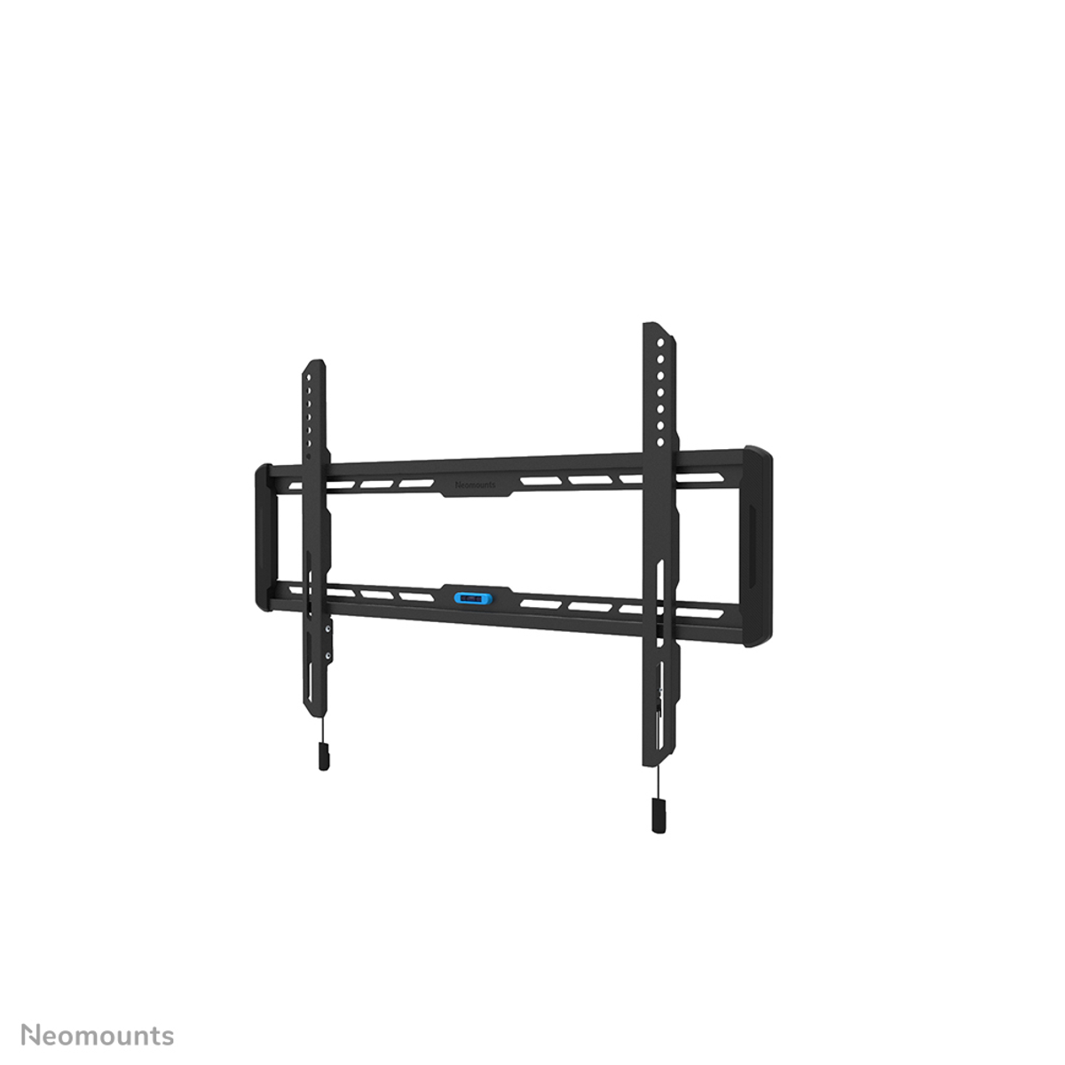 Black adjustable TV mount with blue level, on a white background.
