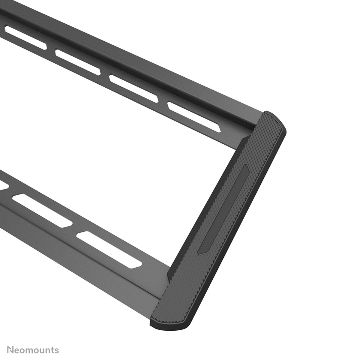 A black metal bracket with slots, white background.
