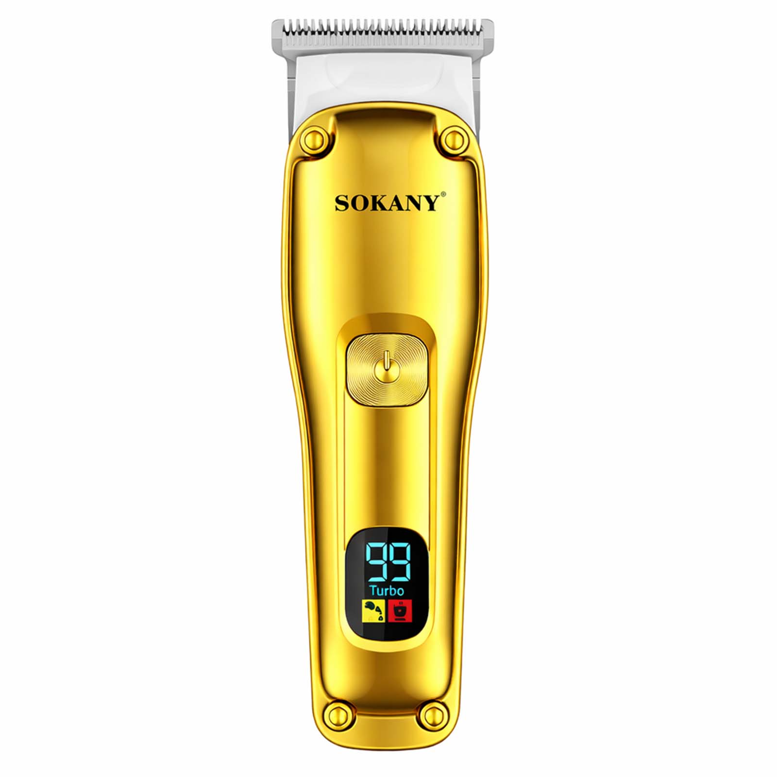 Goldener Haarschneider mit digitaler Anzeige und Turbofunktion.