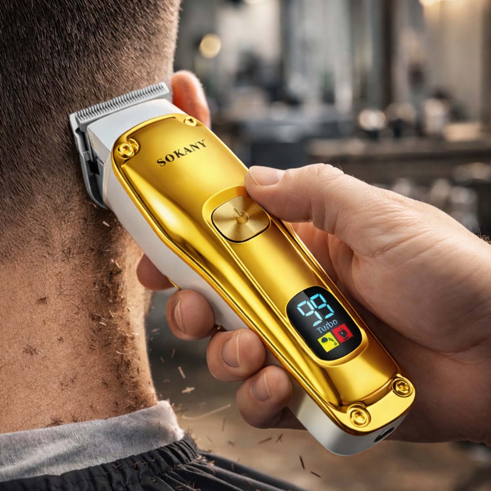 Goldene Haarschneidemaschine wird am Hinterkopf eines Mannes benutzt.