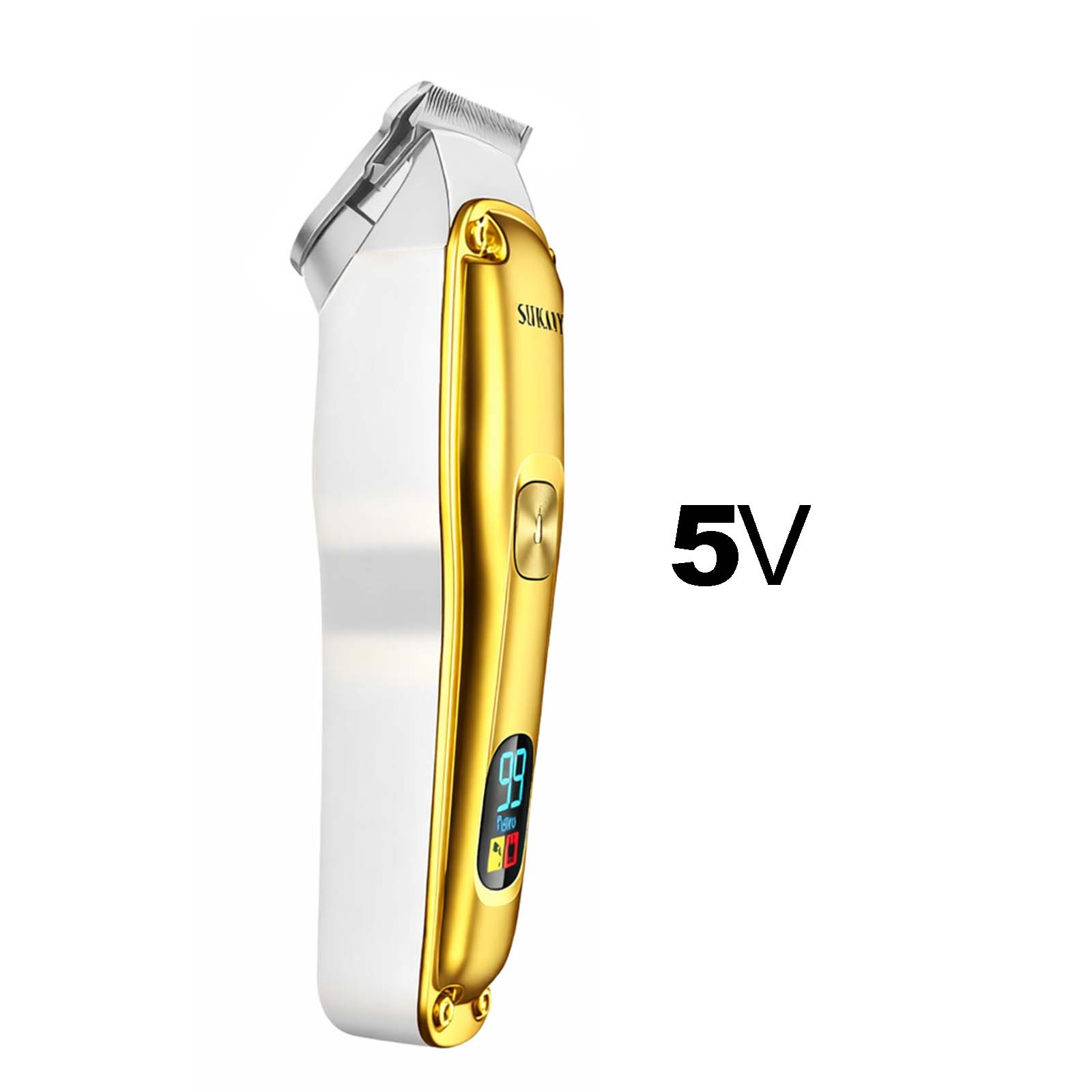 Ein weißer und goldener Haarschneider mit digitaler Anzeige und "5V"-Text.