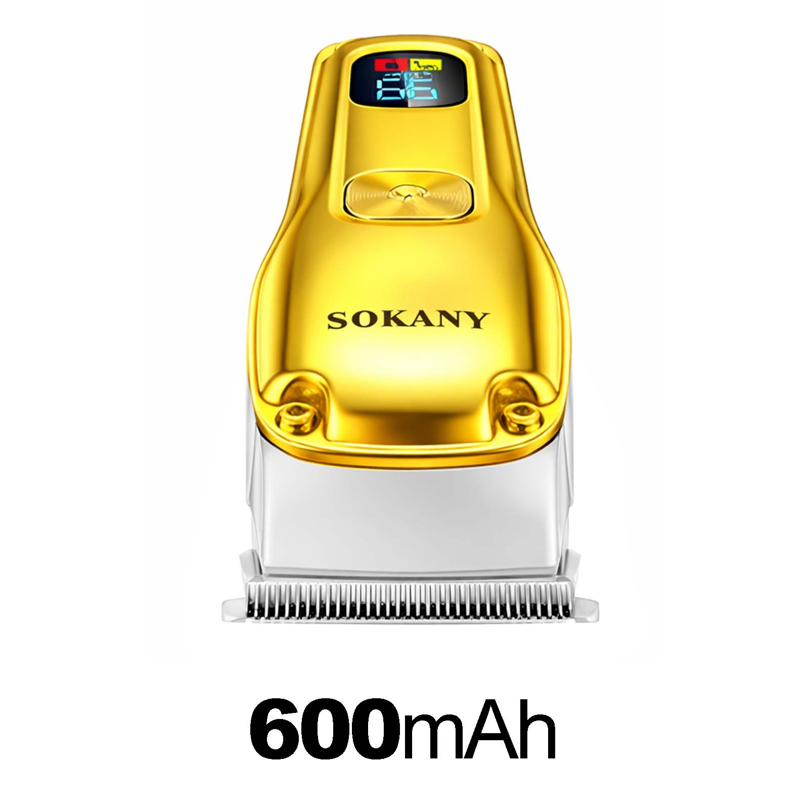 Goldener Haarschneider mit digitalem Display und der Angabe 600mAh.