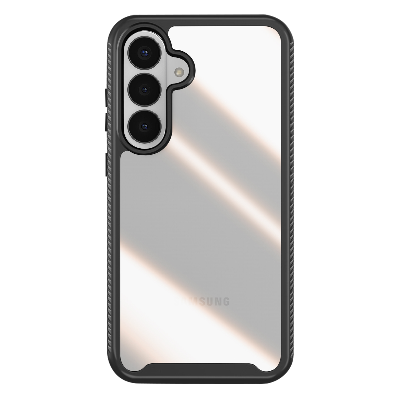 Une coque de téléphone transparente avec un cadre noir et trois caméras.