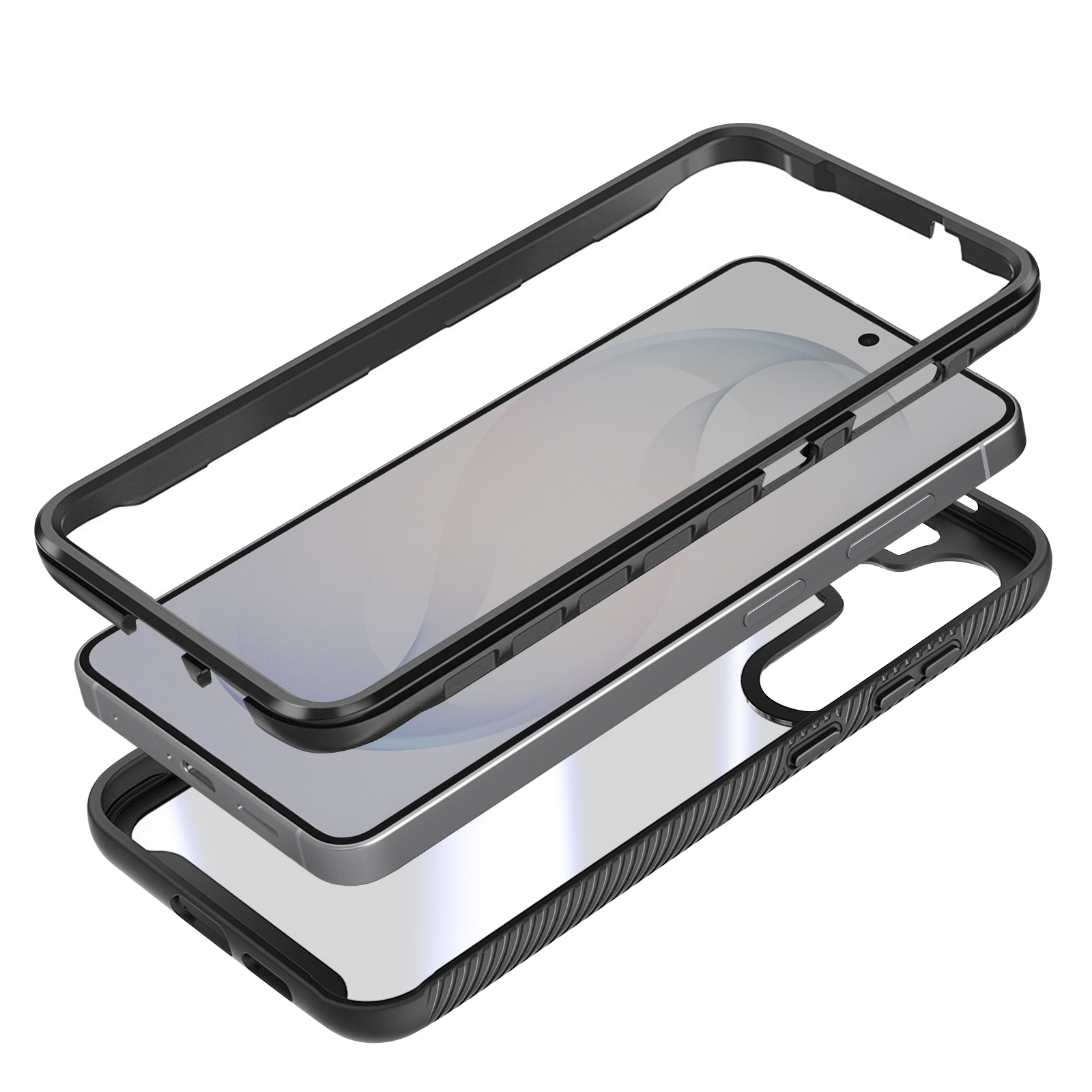 Vue éclatée d'une coque de téléphone noire avec dos transparent et protecteur.