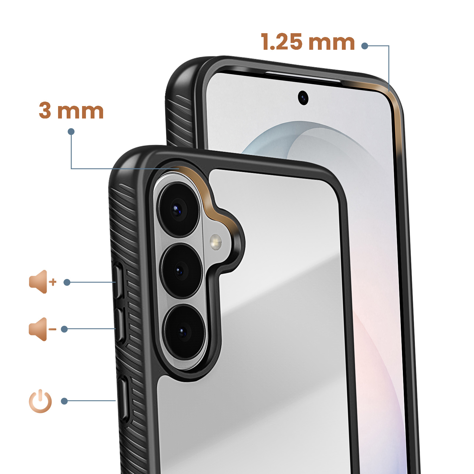Gros plan d'une coque de téléphone transparente aux bords noirs, indiquant les dimensions 3mm et 1,25mm.