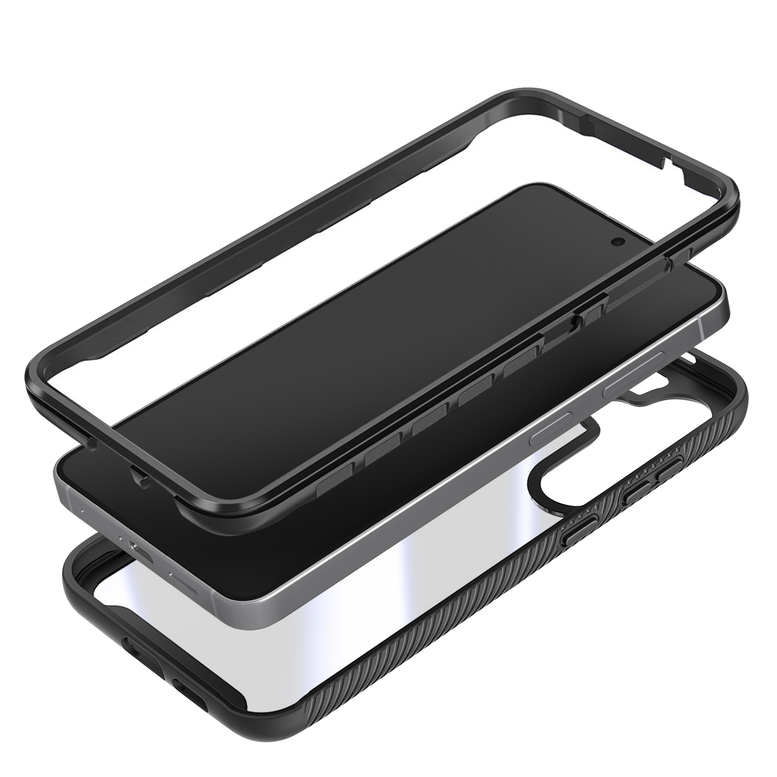 Vue éclatée d'une coque de téléphone noire avec dos transparent.