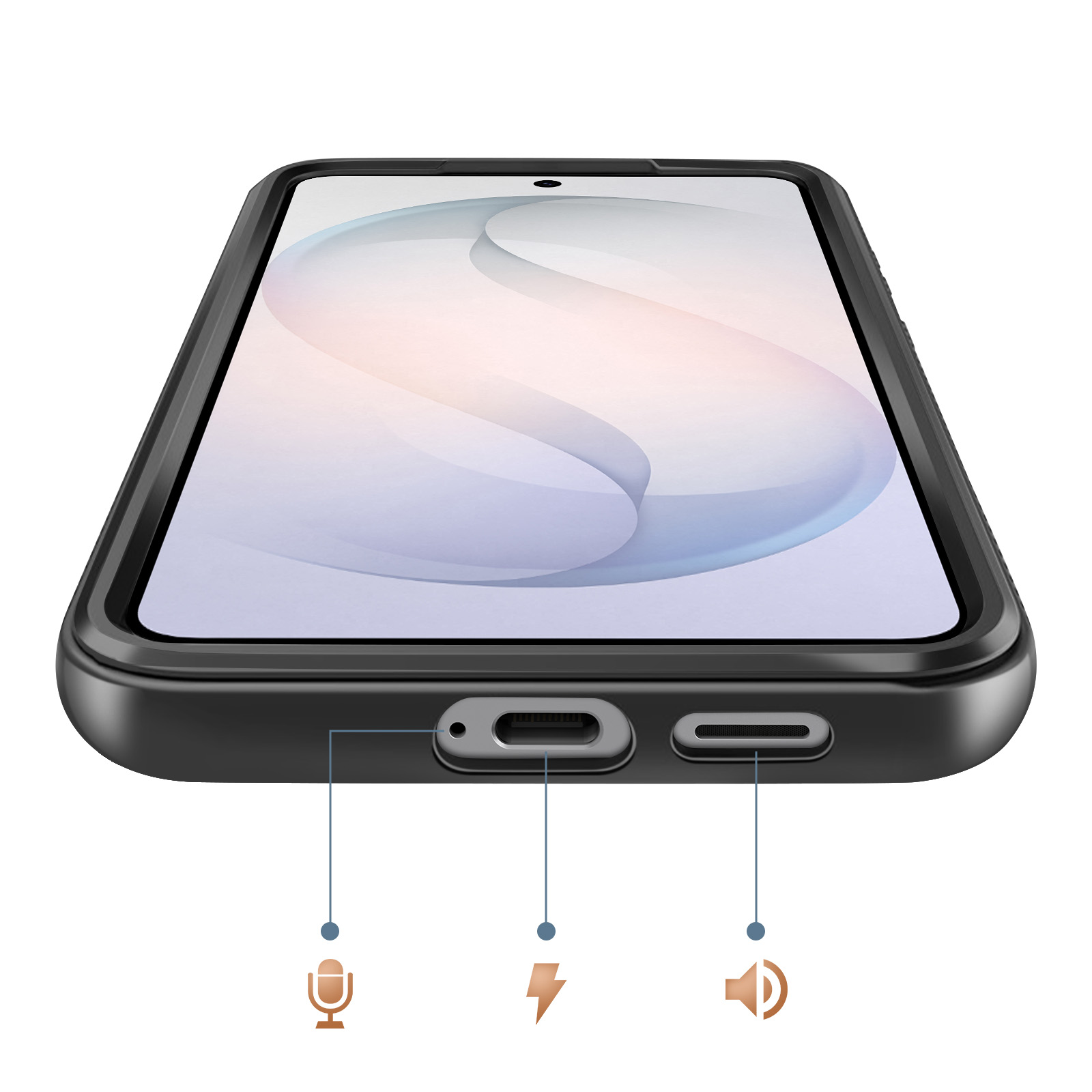 Bout de smartphone montrant les ports pour micro, charge et haut-parleur.