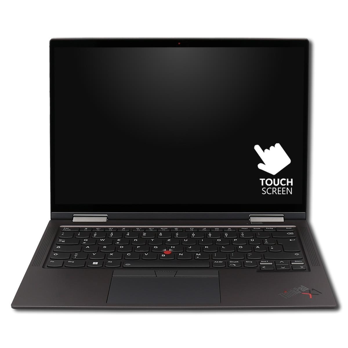 Ein schwarzer Laptop mit Tastatur und einem Touchscreen-Symbol.