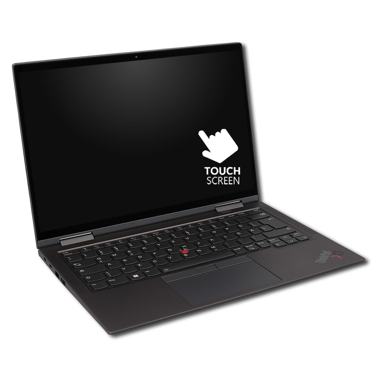 Schwarzer Laptop mit Tastatur, Touchpad und "Touch Screen"-Aufkleber auf dem Bildschirm.