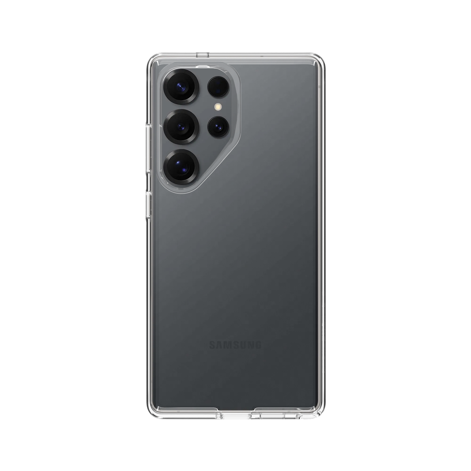 Une coque transparente pour un smartphone avec quatre objectifs photo à l'arrière.