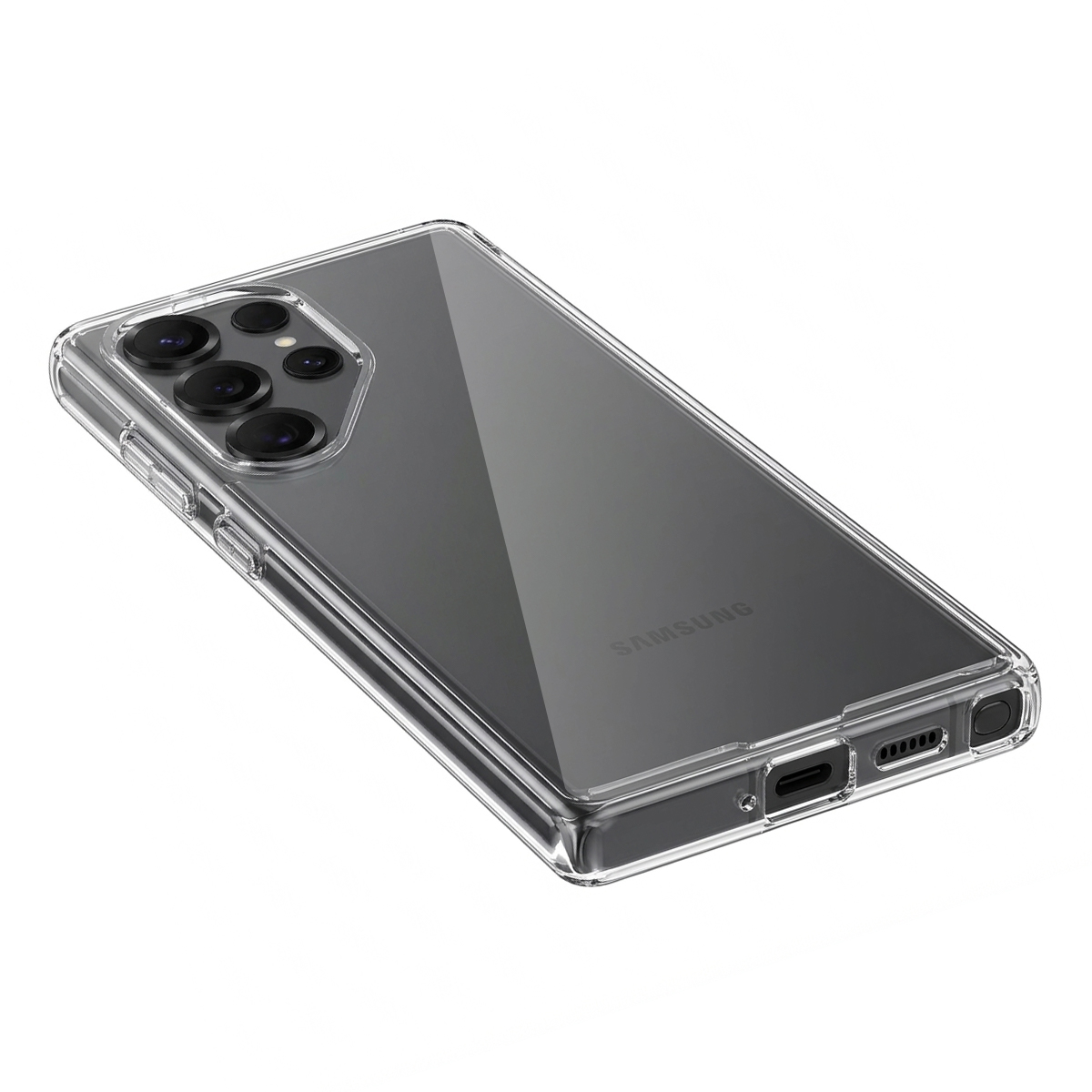 Étui de protection transparent pour téléphone Samsung avec quatre caméras et port de charge.
