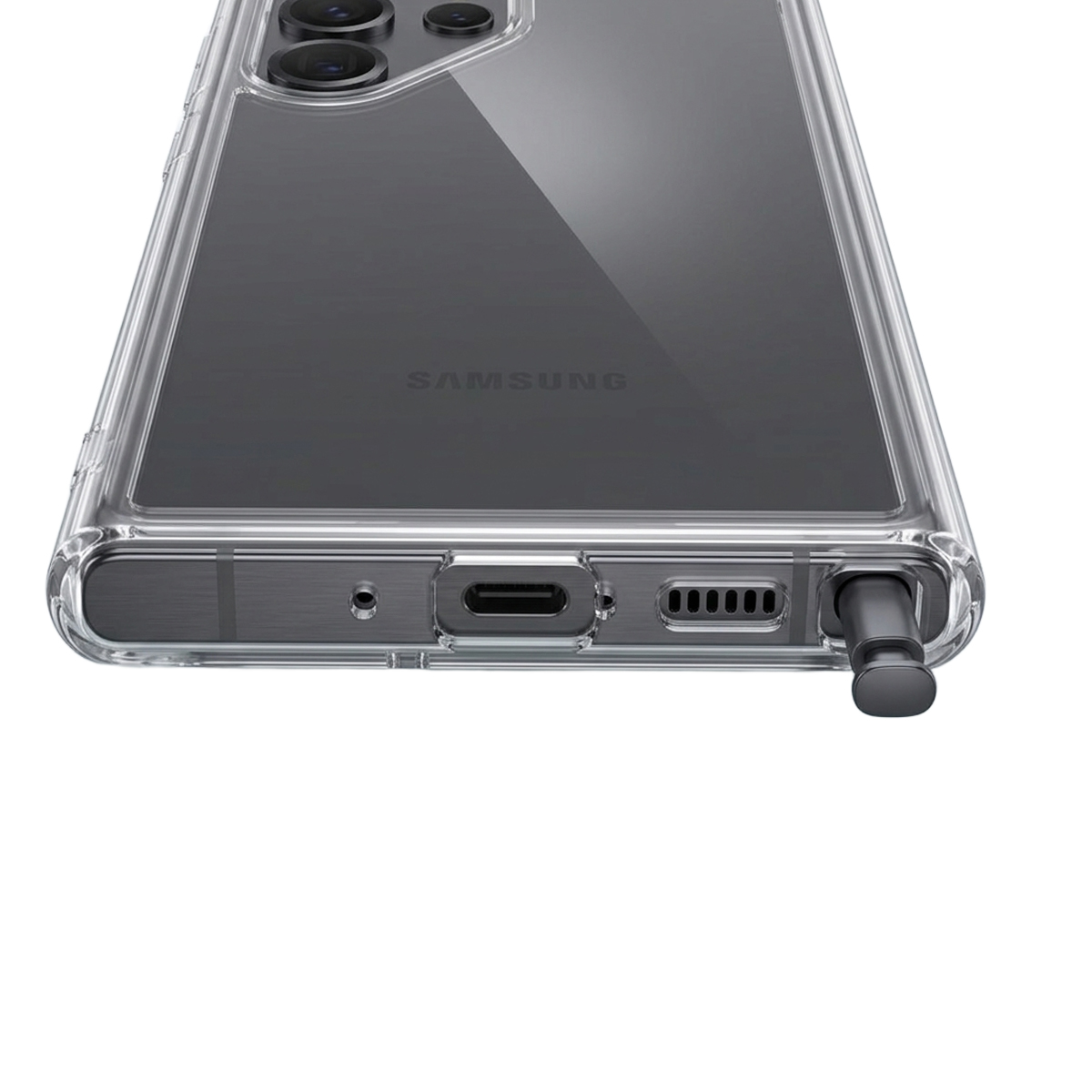Coque de téléphone transparente montrant le port de charge, le haut-parleur et le S Pen.