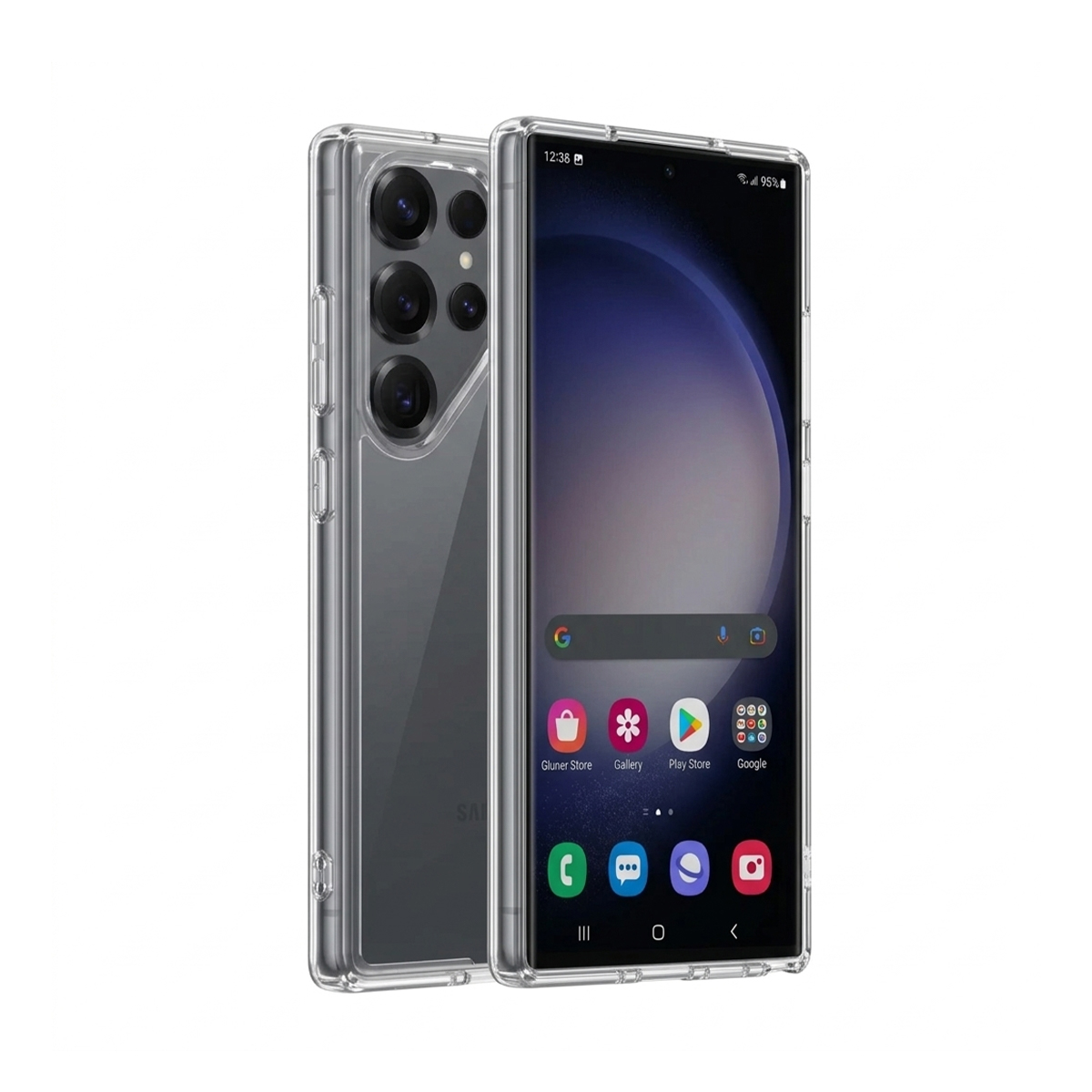 Deux coques de téléphone transparentes sur fond blanc, l'une montre l'arrière avec les caméras.