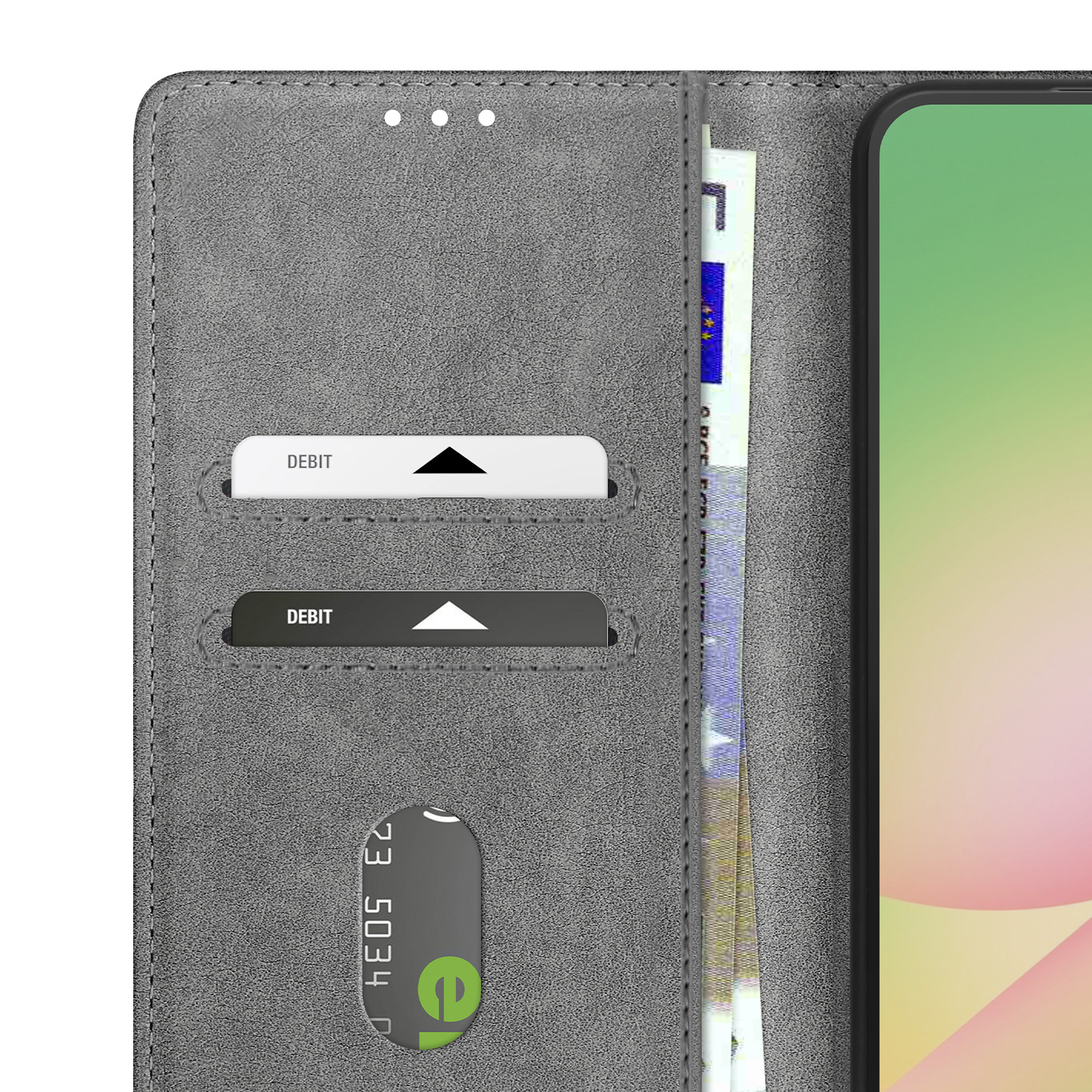 Graues Handy-Portemonnaie mit Kartenfächern und Geldscheinen.