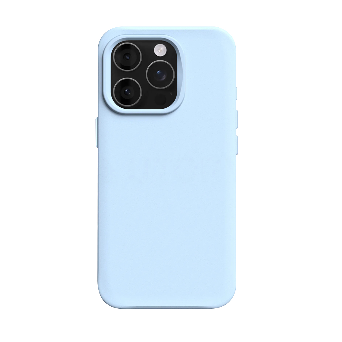Lichtblauwe telefoonhoes met drievoudige camera-uitsparing op witte achtergrond.