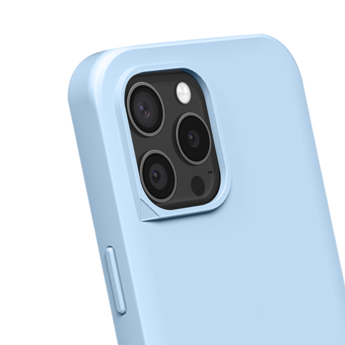 Lichtblauwe telefoonhoes met drievoudige camera en flitser.