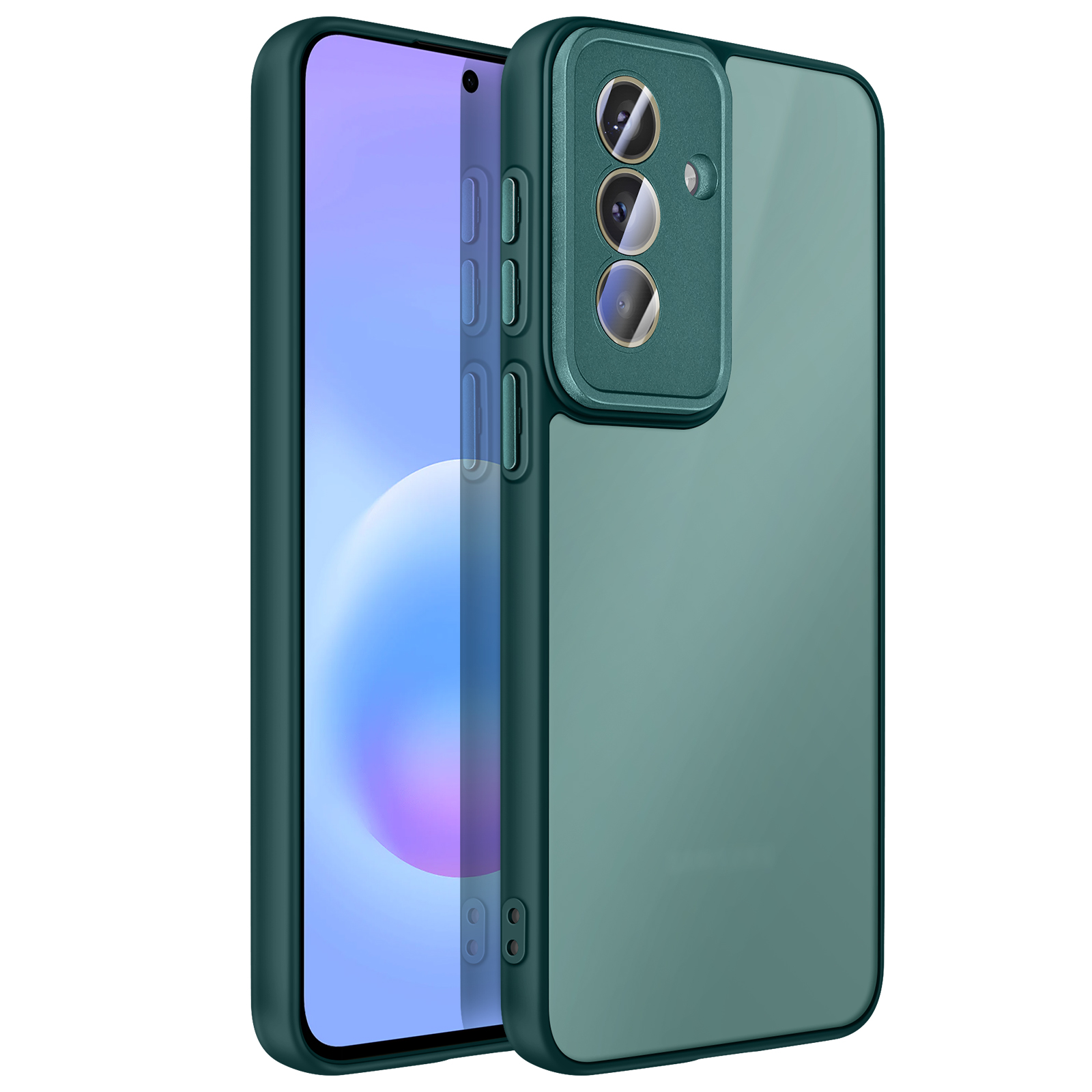 Un smartphone vert avec trois caméras et un écran bleu.