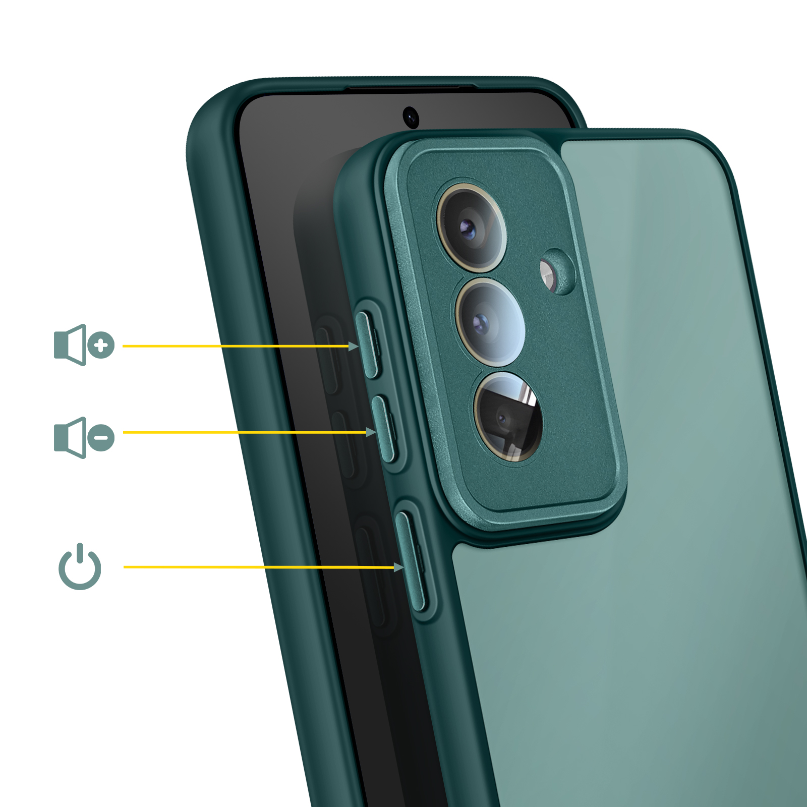 Coque de téléphone vert foncé sur smartphone, montrant caméras et boutons.