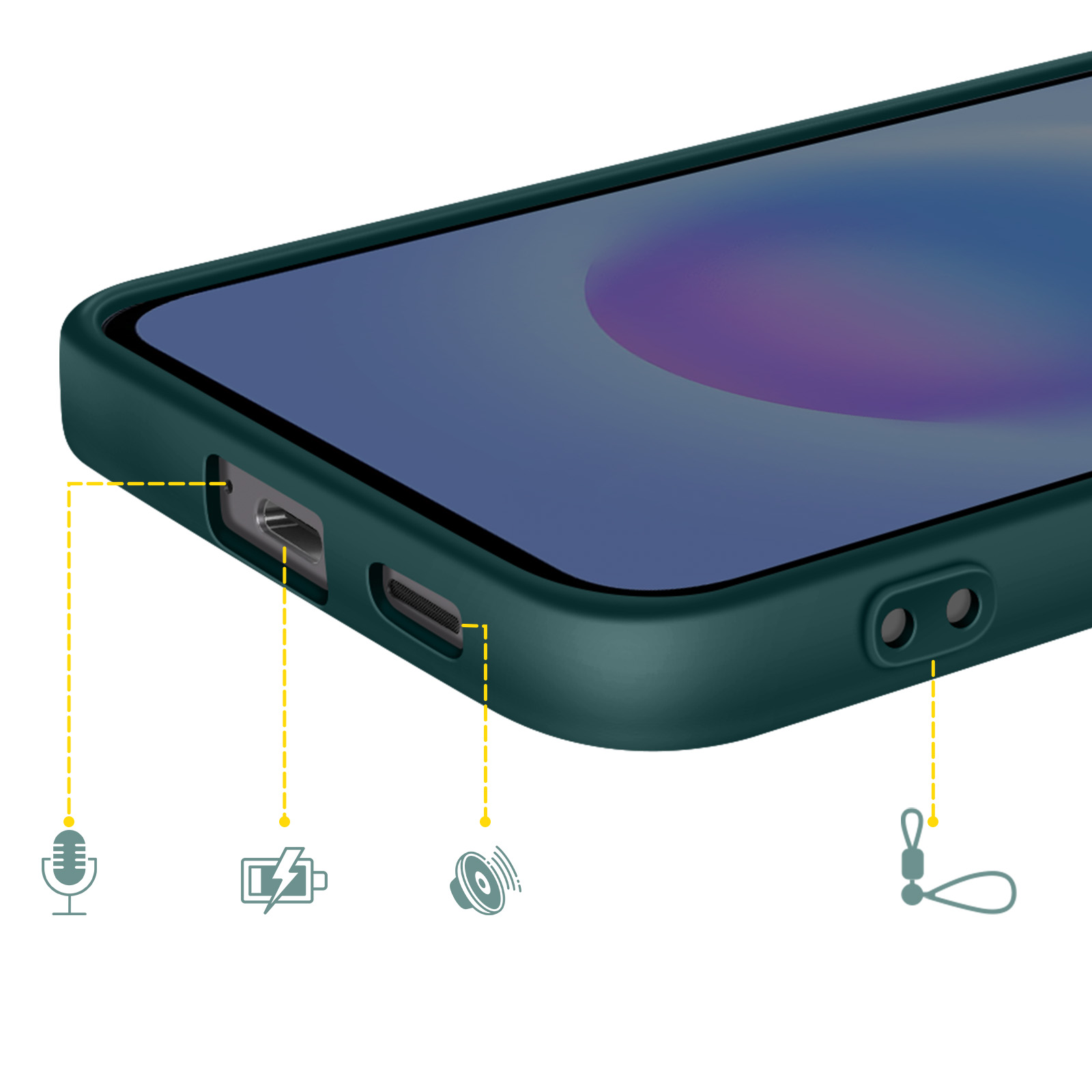 Coque de téléphone vert foncé montrant ports, icônes micro, charge et haut-parleur.