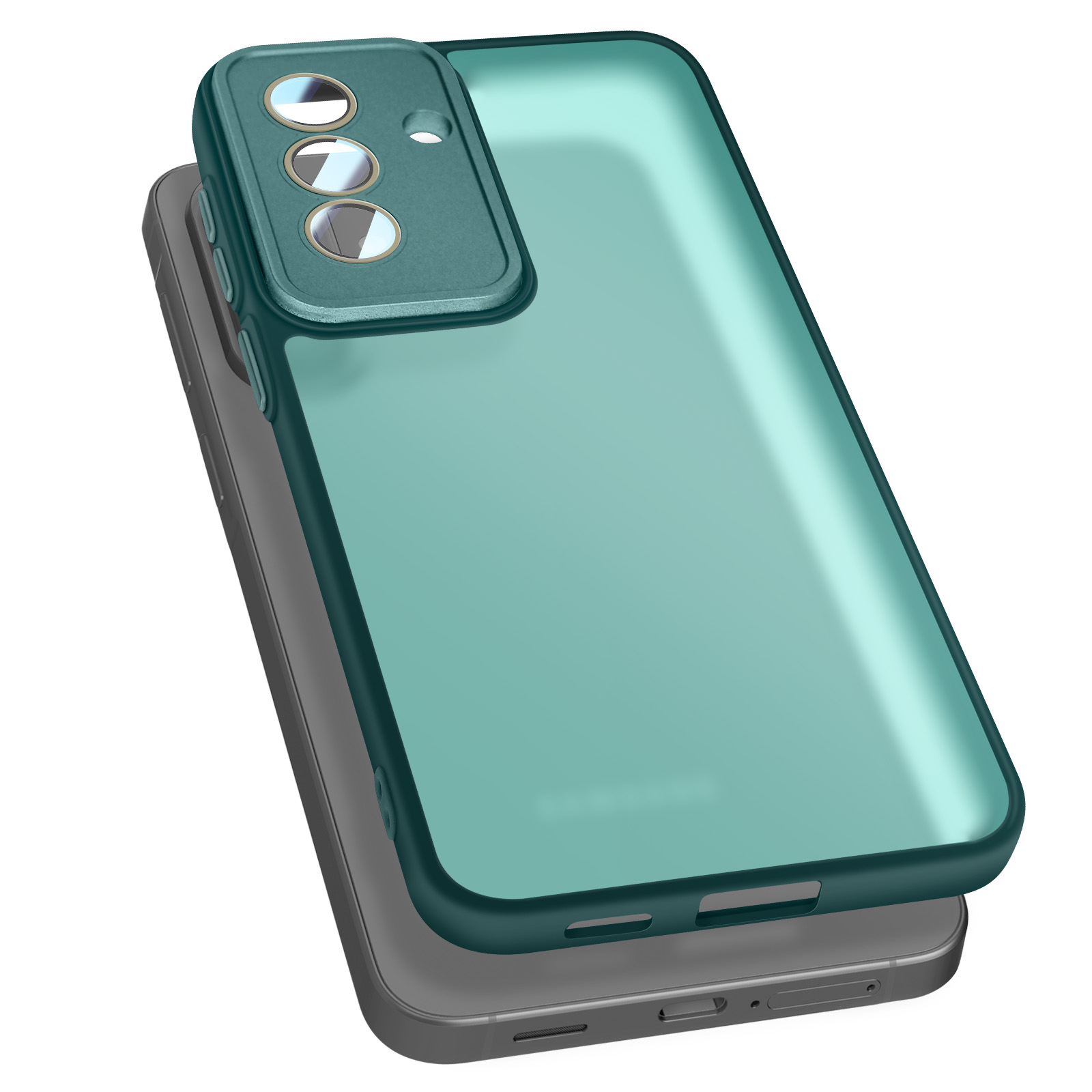 Une coque de téléphone bleu sarcelle sur un téléphone gris, avec trois objectifs photo.