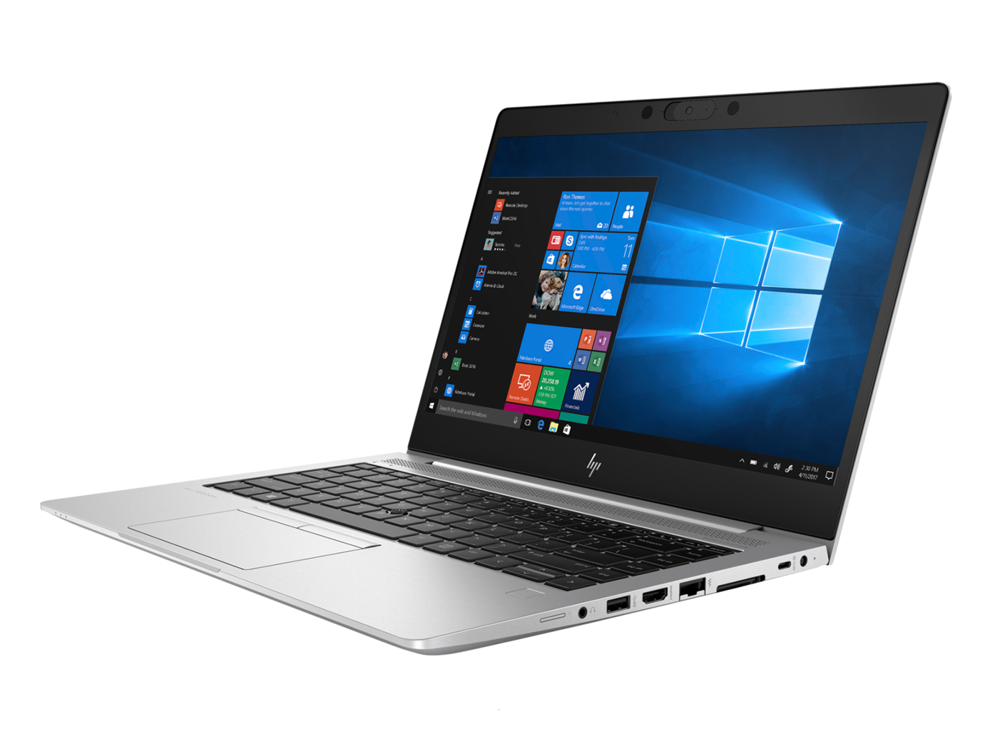 Ein silberner Laptop mit einem beleuchteten Bildschirm, der Windows zeigt.