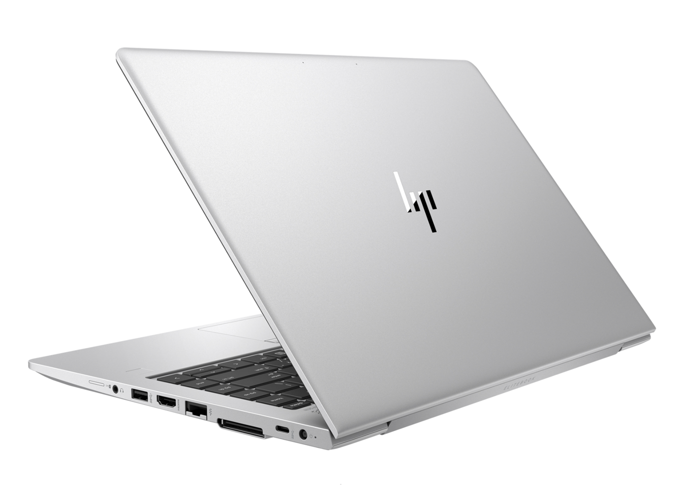 Ein offener silberner Laptop mit HP-Logo auf dem Deckel und sichtbaren Anschlüssen.