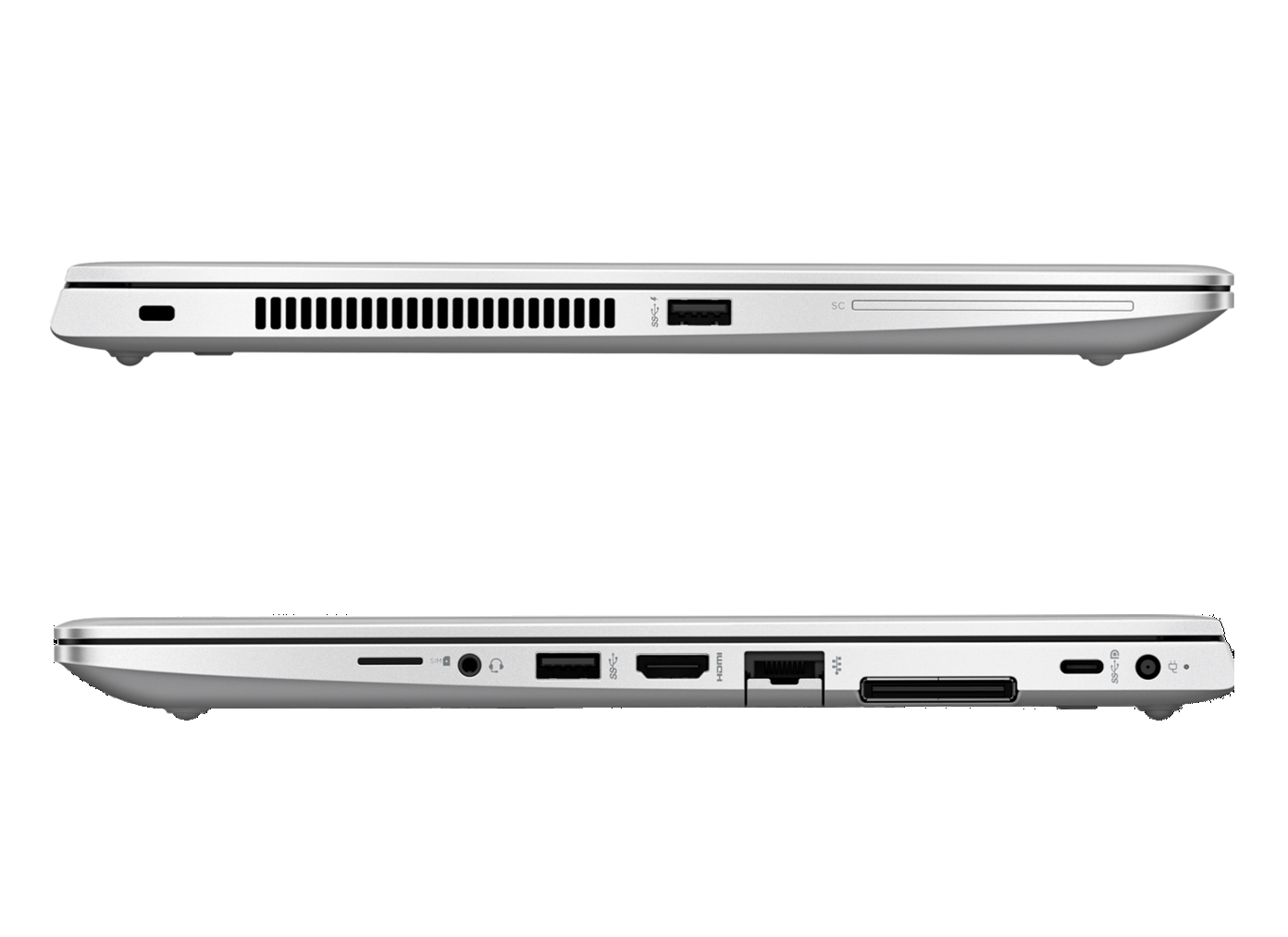 Silbernes Laptop, Seitenansicht mit Anschlüssen. Oben und unten sind zwei Ansichten.
