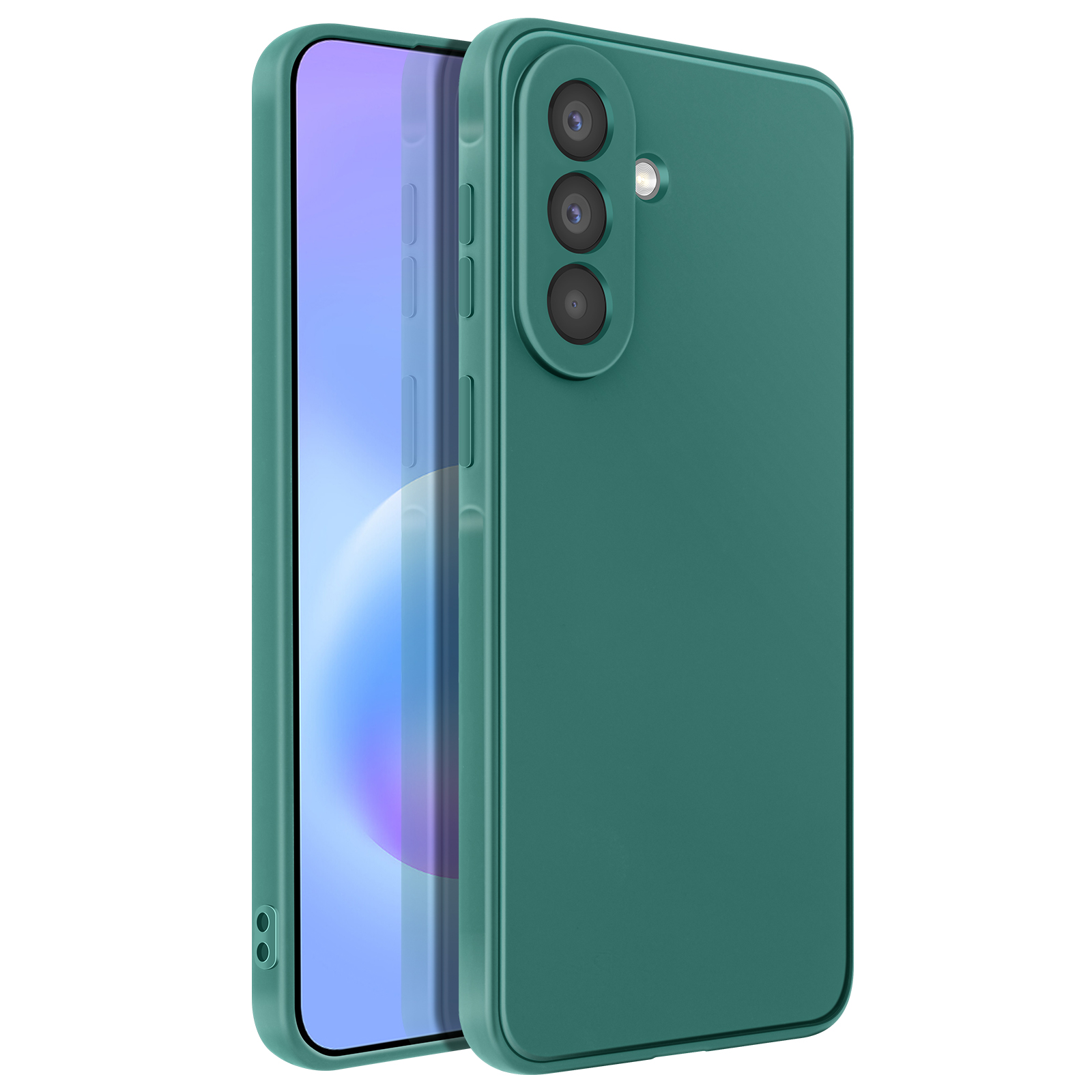 Een groene smartphone met drie cameralenzen en flitser.