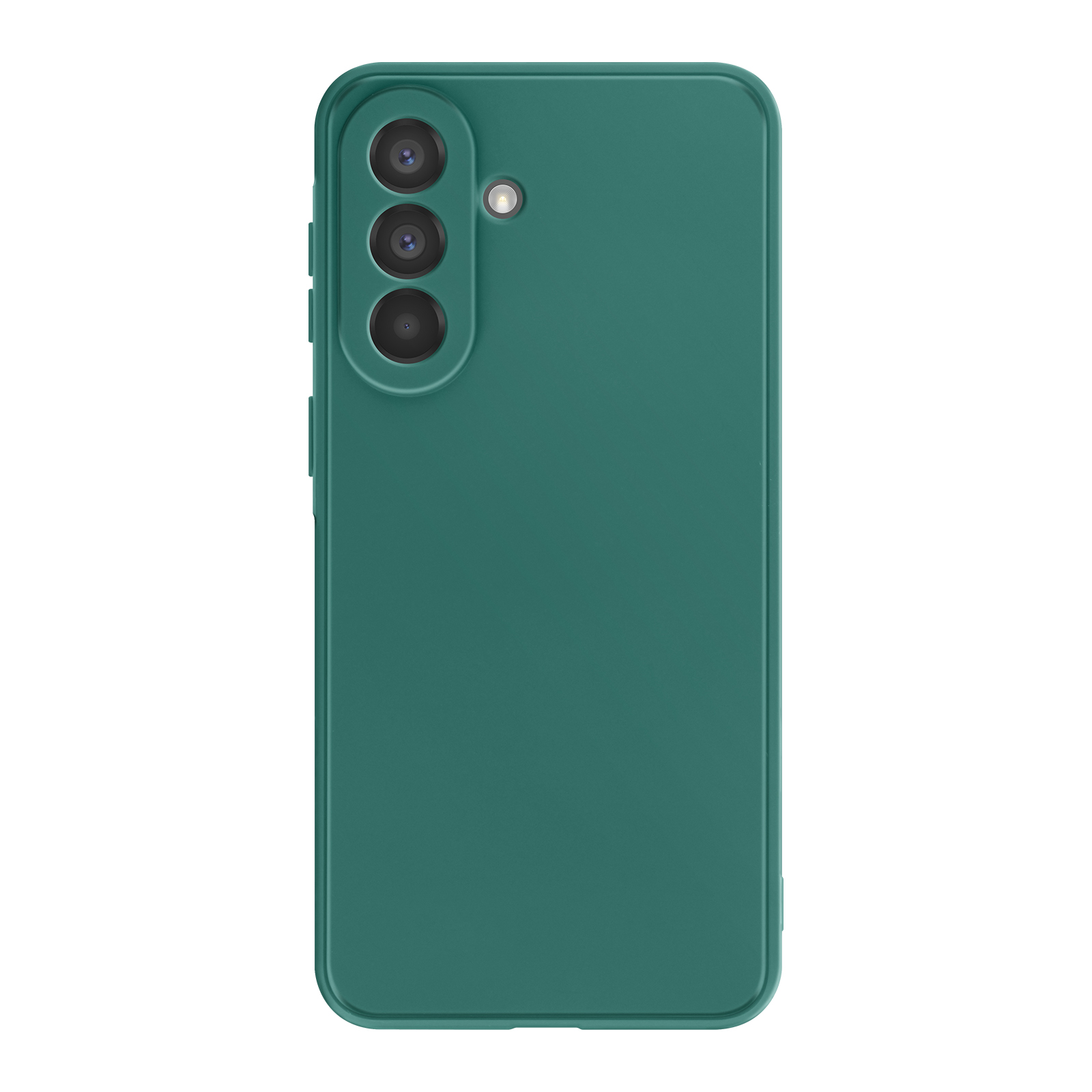 Achterkant van een smaragdgroene smartphone met drie camera's.