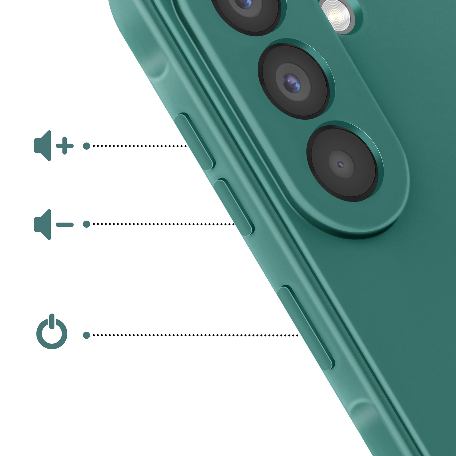 Close-up van een teal smartphone, met nadruk op volume- en aan/uitknoppen.