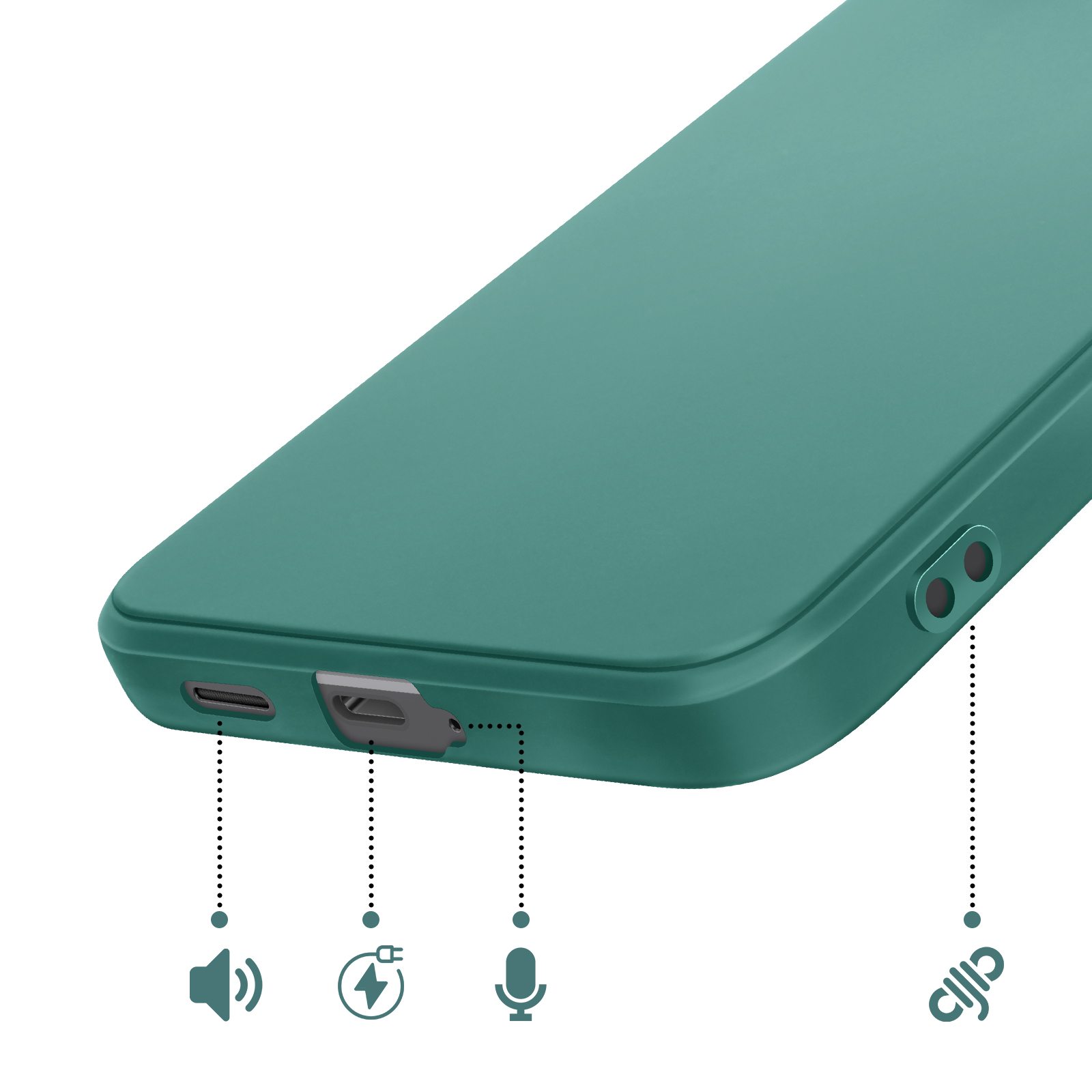 Groenblauwe telefoonhoes met poorten voor opladen/audio en luidsprekerroosters.