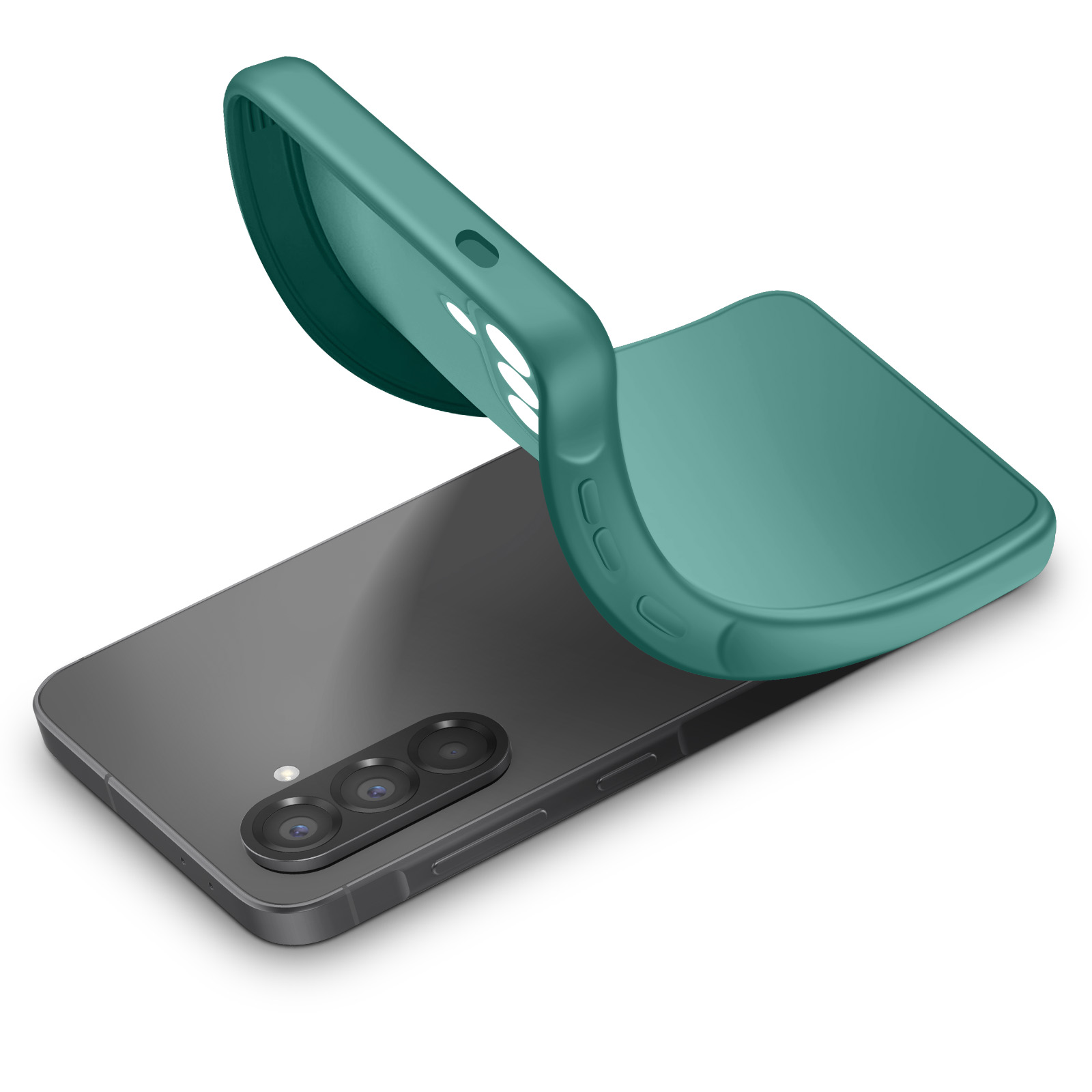 Een tealkleurige telefoonhoes wordt over een donkere smartphone gelegd.